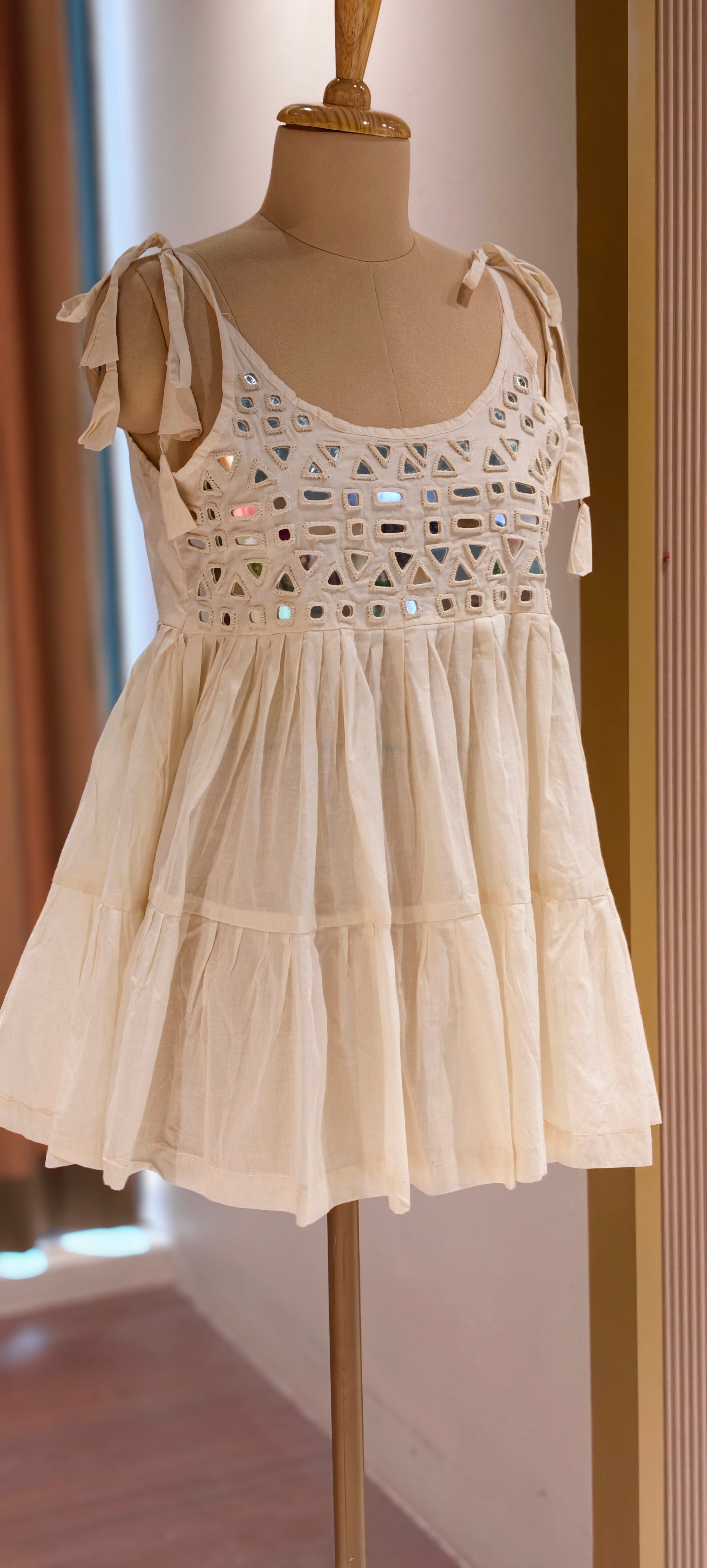 Elegant Cotton Mirror Work Short Peplum Kurti with Tie-Up Shoulder Straps-14178 RB176