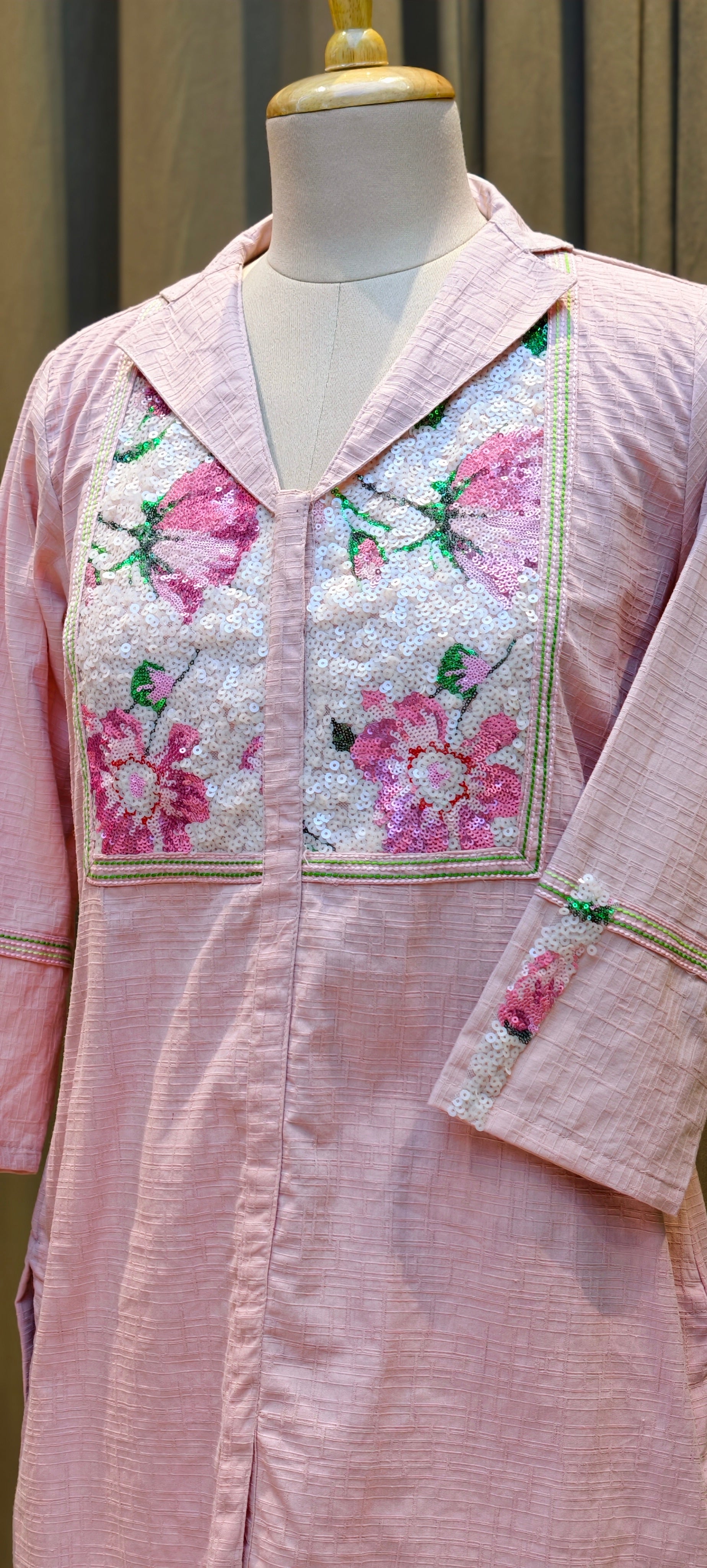 Beautiful Premium Cotton kurta pant set floral printed and embellished front panel-13932