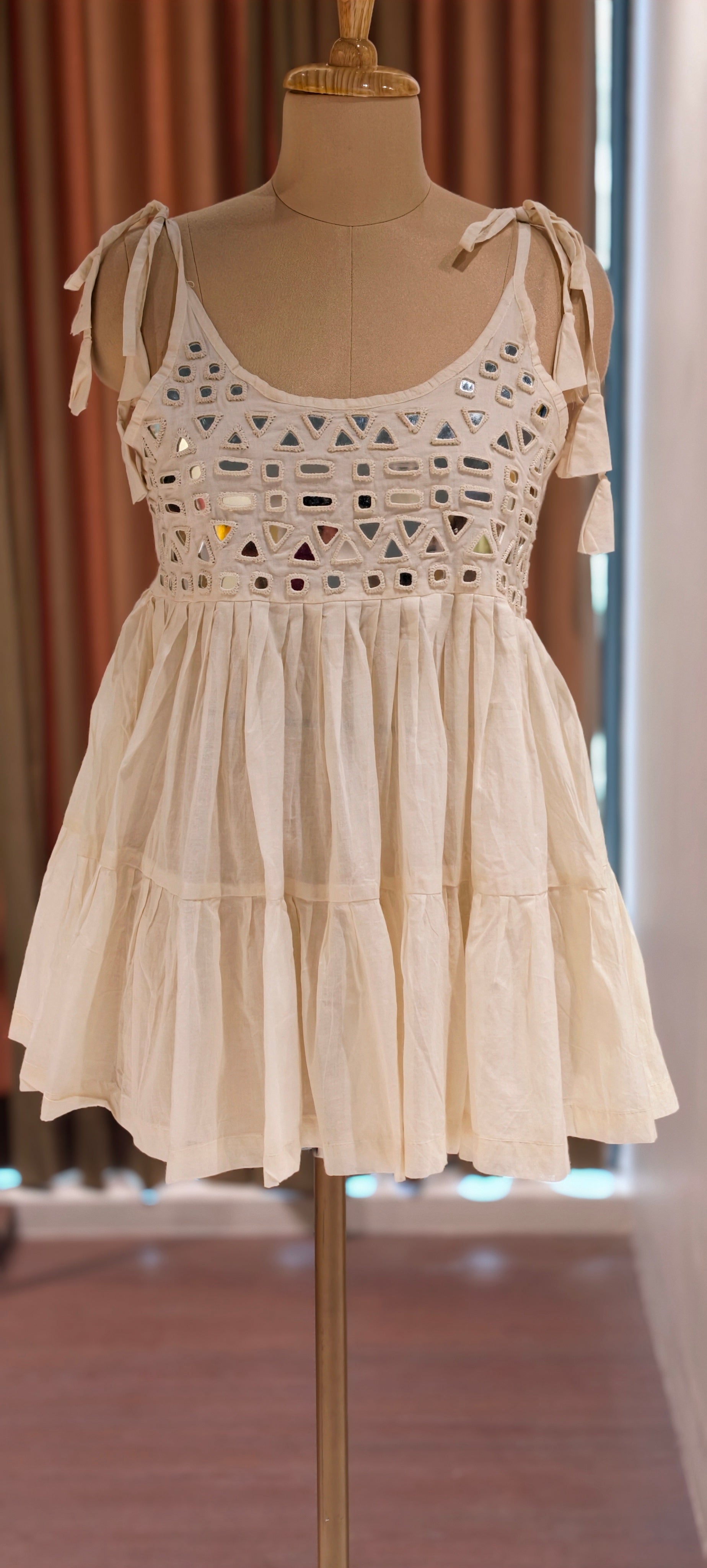 Elegant Cotton Mirror Work Short Peplum Kurti with Tie-Up Shoulder Straps-14178 RB176