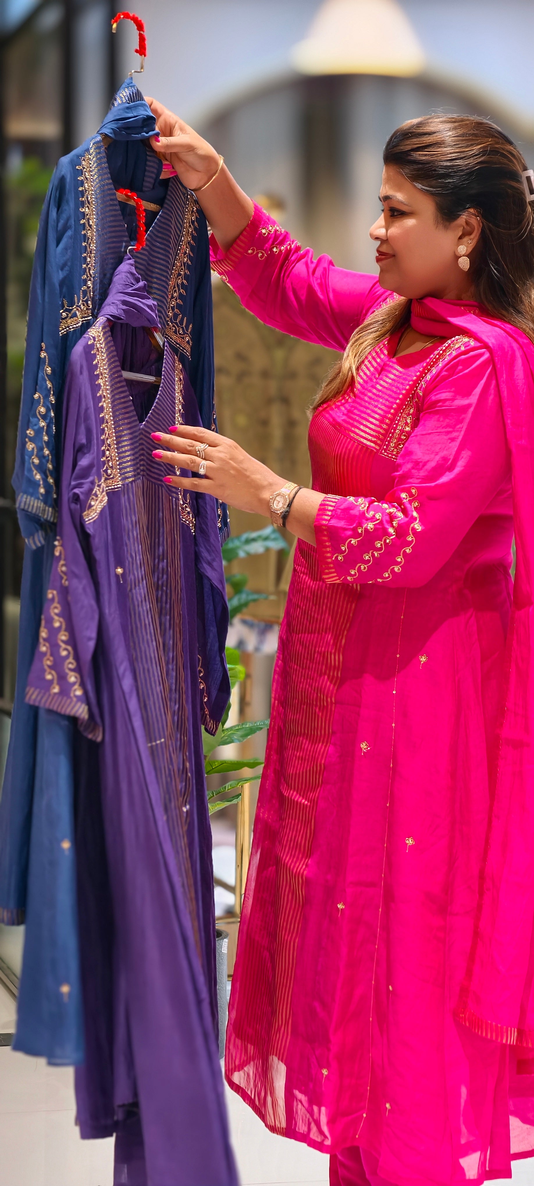 Banarasi Mul Chanderi Golden Striped Zardosi Embroidered A-Line Full Suit Set With Matching Dupatta- 15803