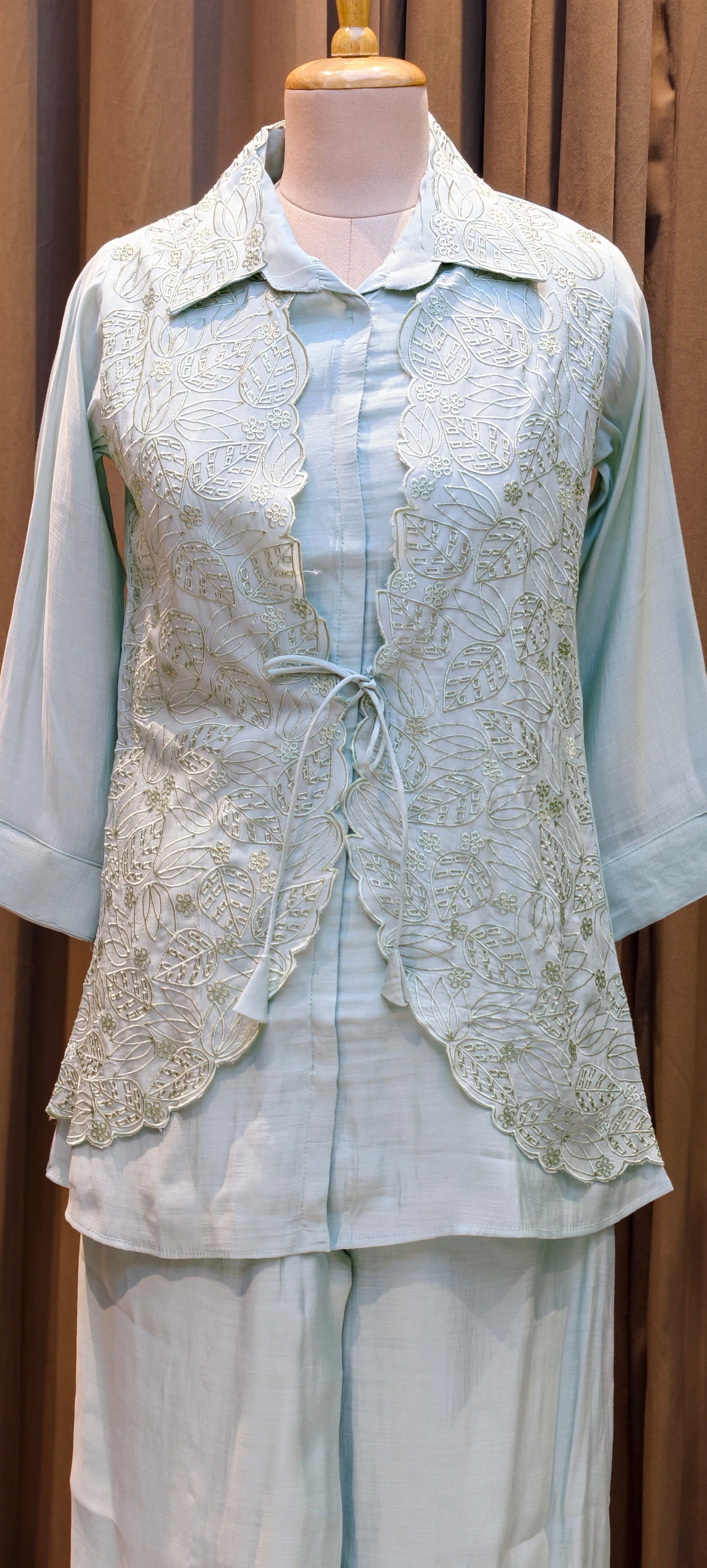 Pastel Surat Mul Chanderi Kurta Set with Statement Embroidered Attached Jacket-13904