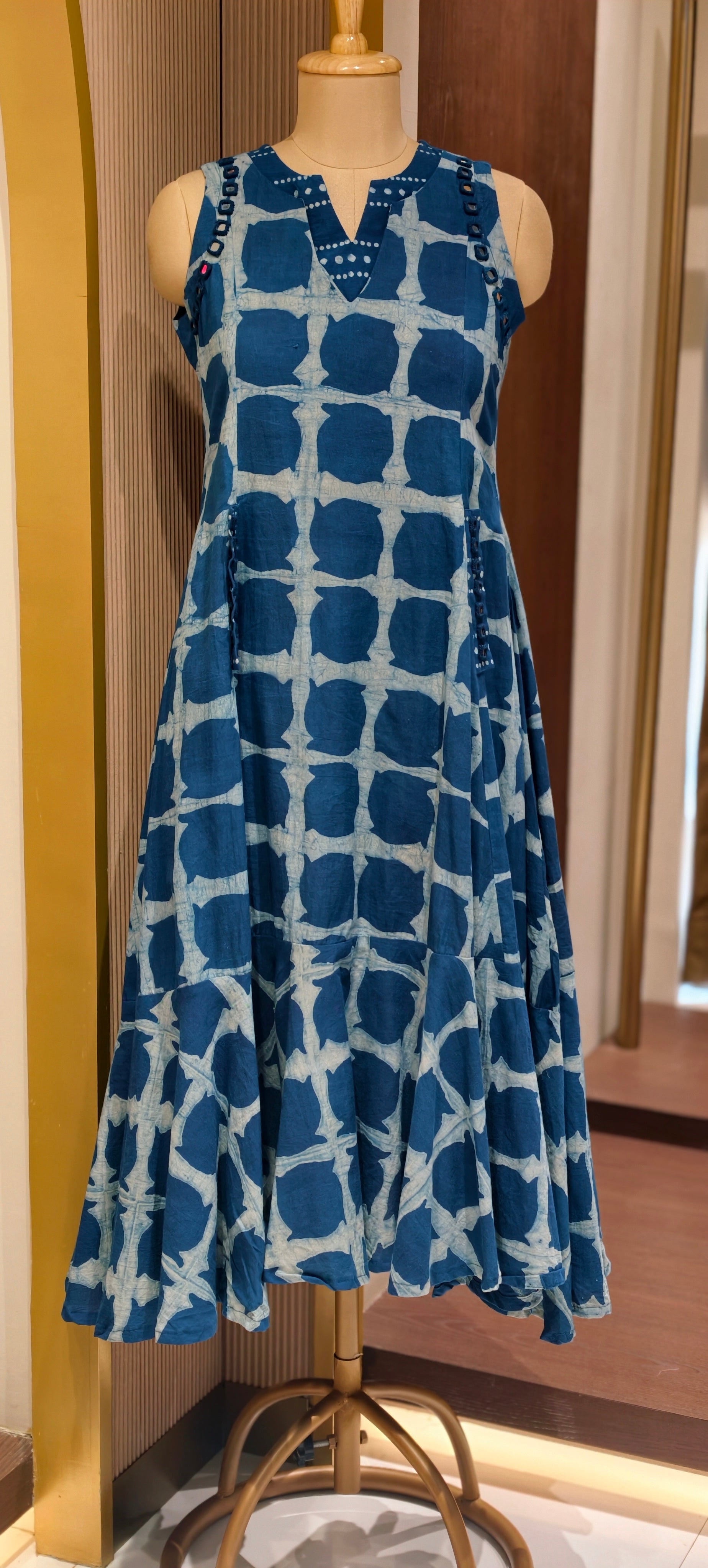 Indigo Handloom Cotton Sleeveless Frock with Shibori Print with Pockets-14183 RB174