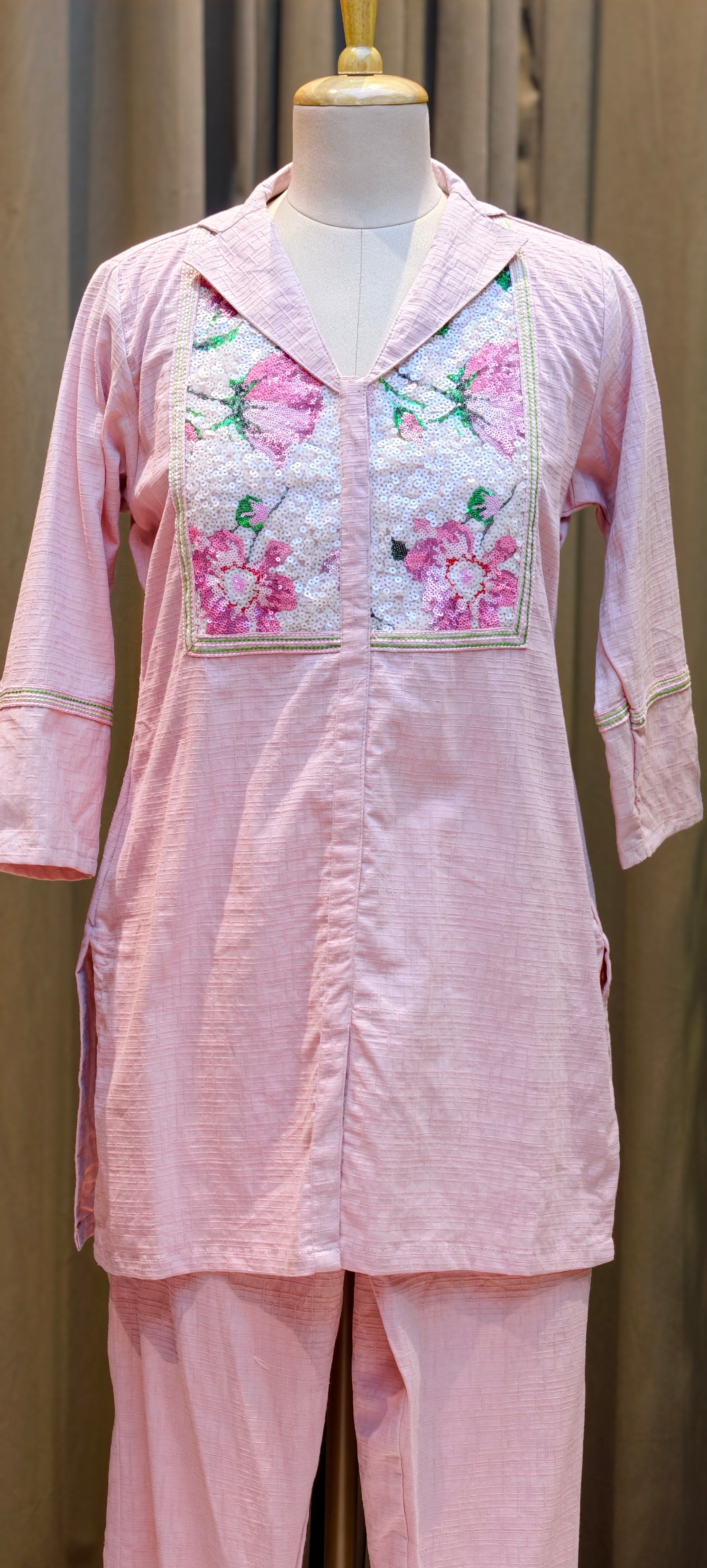 Beautiful Premium Cotton kurta pant set floral printed and embellished front panel-13932