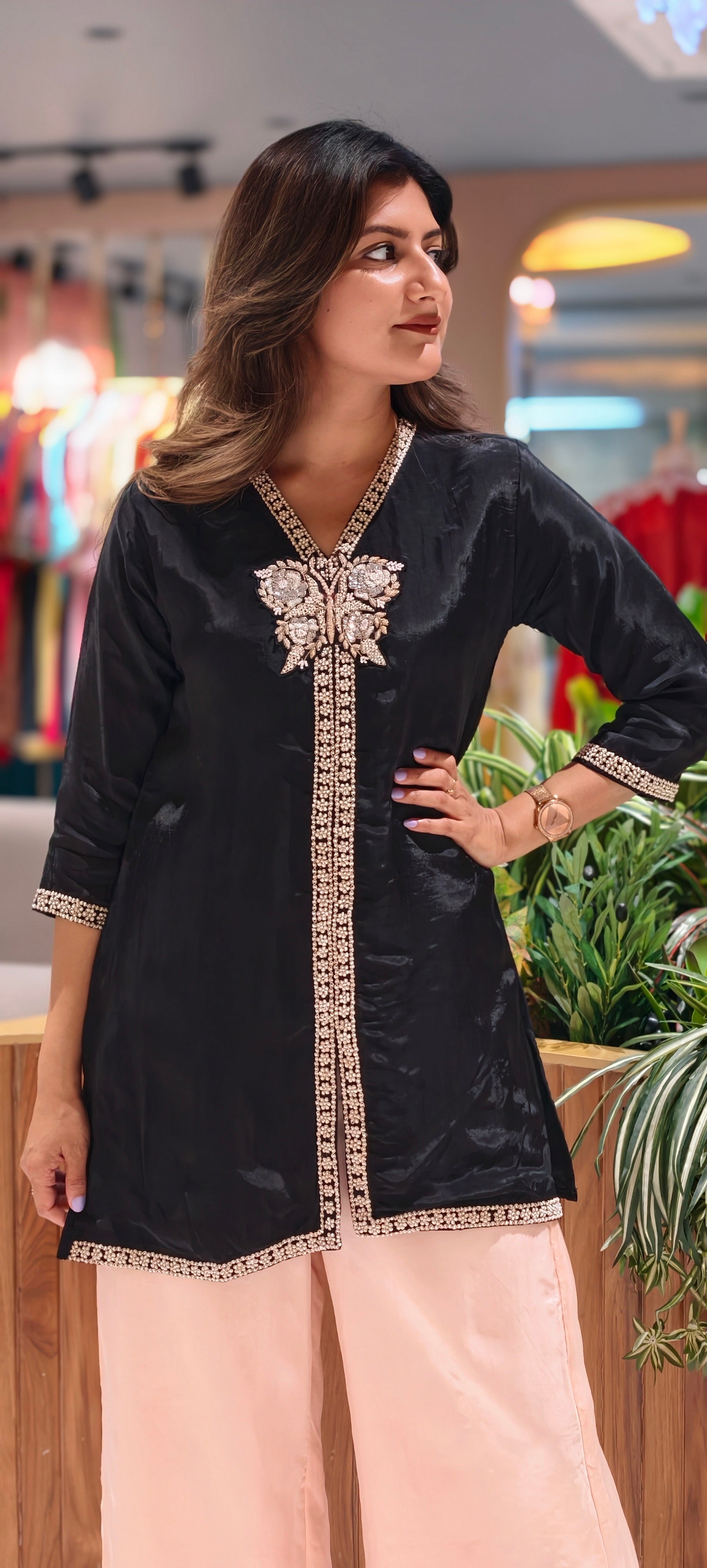 Midnight Bloom Hand-Embroidered Butterfly Tunic & Pale Rose Palazzo Ensemble13927