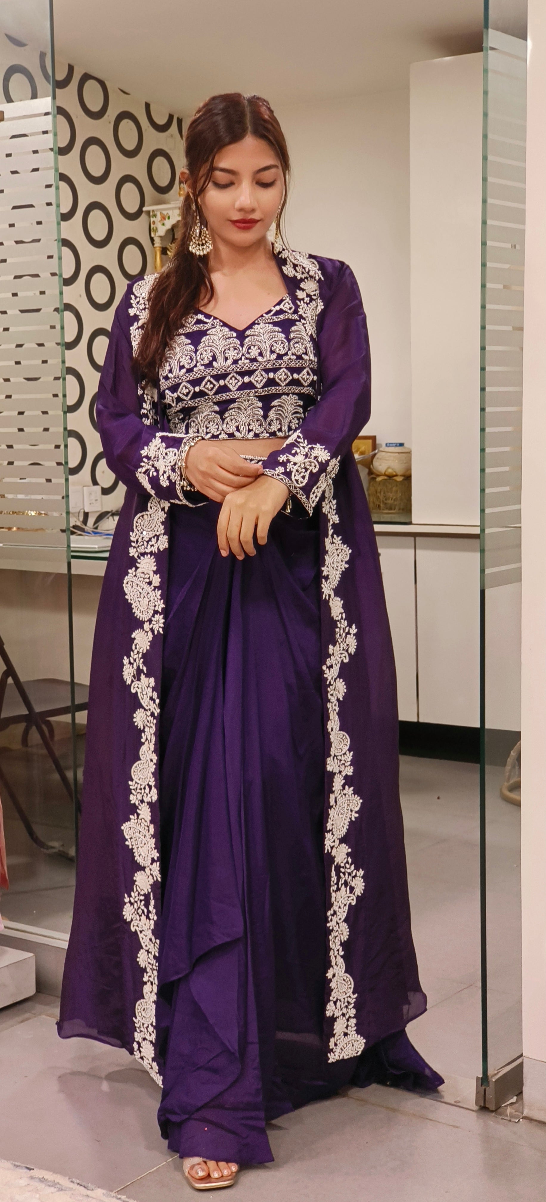 Designer Indo western croptop with skirt and organza shrug