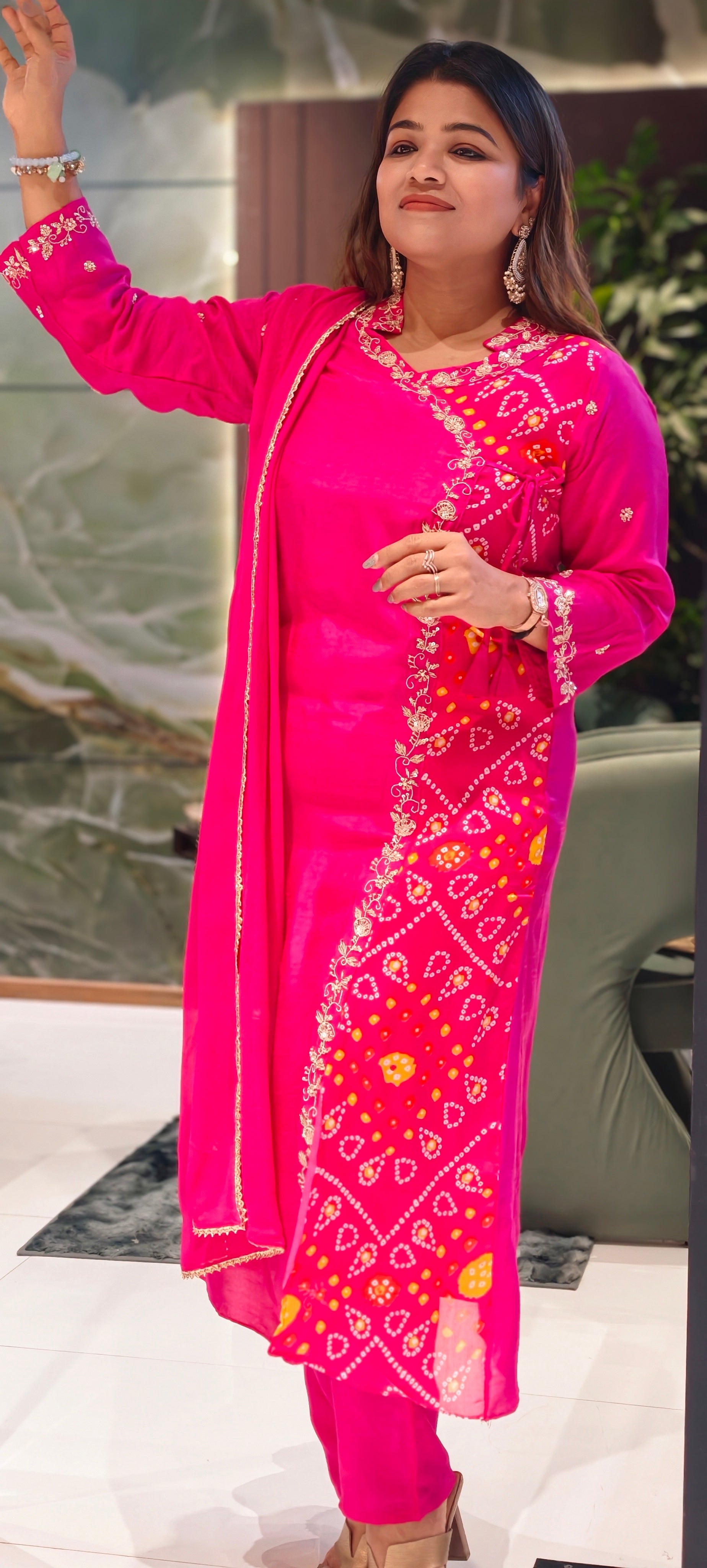 Dola Silk Rani Pink Ethnic Suit Set With Floral Embroidered Neckline Bhandhani Print Angrakha Pattern Full Suit Set 13854