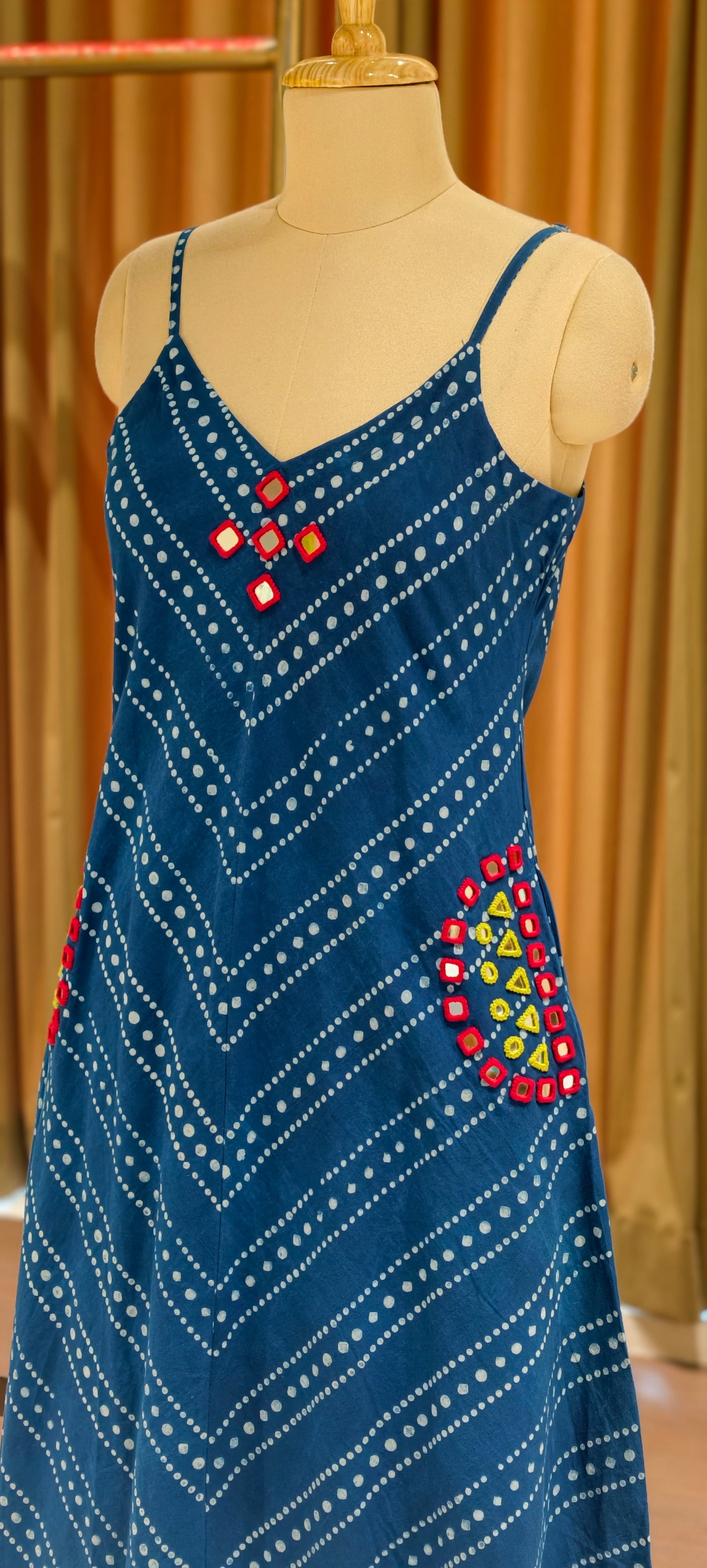 Indigo Handloom Cotton Noodle Strap Sleeveless Frock with Bandhani Print & Pockets-14180 RB175