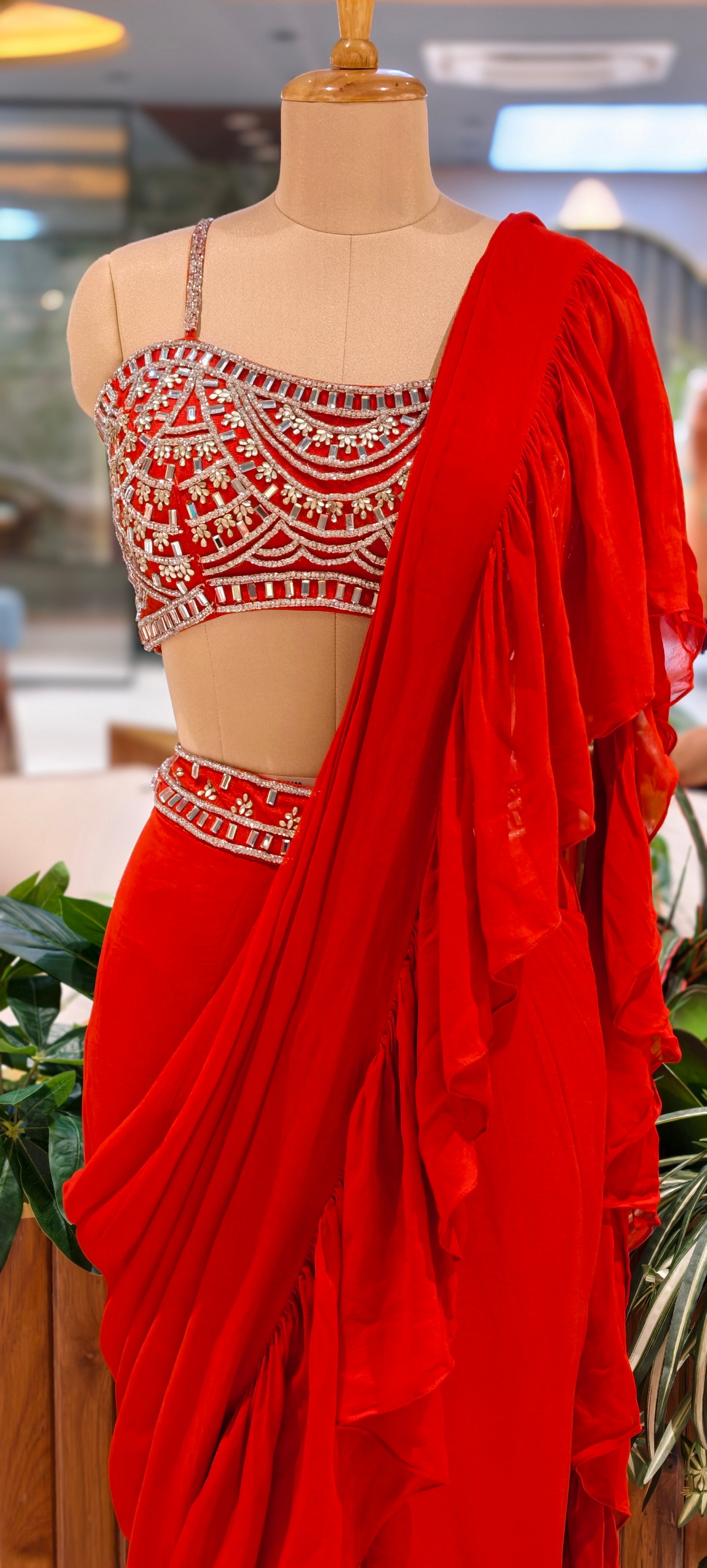 Elegant Rust Red Embroidered Drape Saree Set with Designer Cutwork Blouse & Ruffle Dupatta 14093 RB69