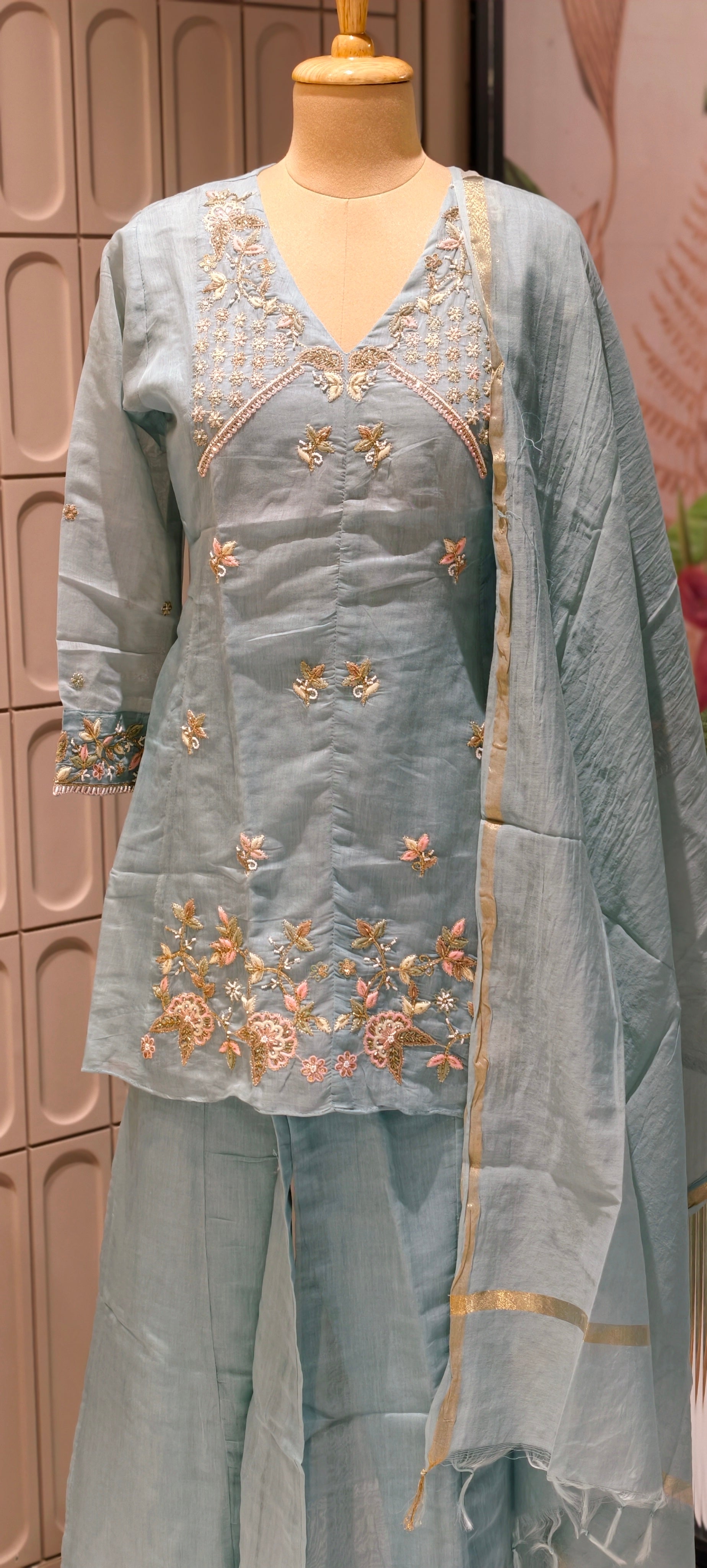 Royal Short Aline style Mulchanderi Embroidered Kurta Pant Set -13859