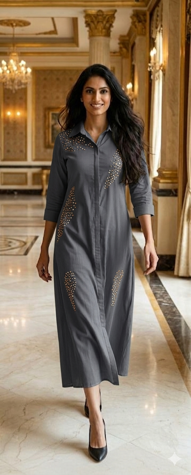 Premium Glaze Cotton Collar Style Shirt Dress With Sparkling Studded Detailing On Front and Sleeve-12781