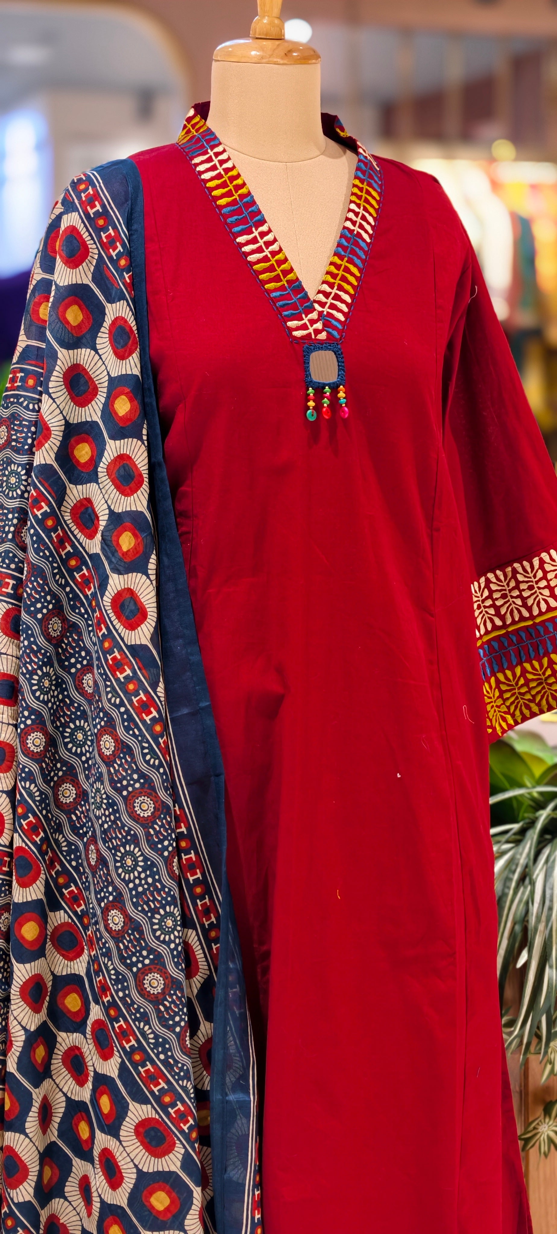 Premium Cotton Ethnic Suit Set with Ajrakh Printed Dupatta & Statement Neck Detailing 13915 RB38