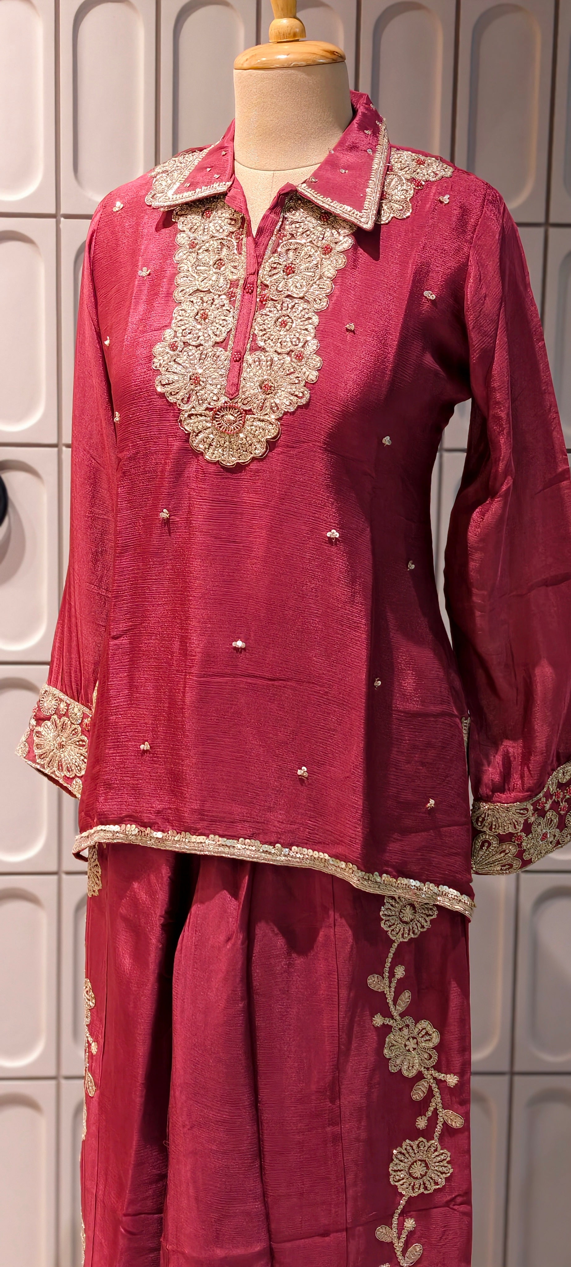 Designer Shirt Style Kurta Luxury Chinon Fabric Co-Ord Set with Intricate Embroidery 13996 RB07