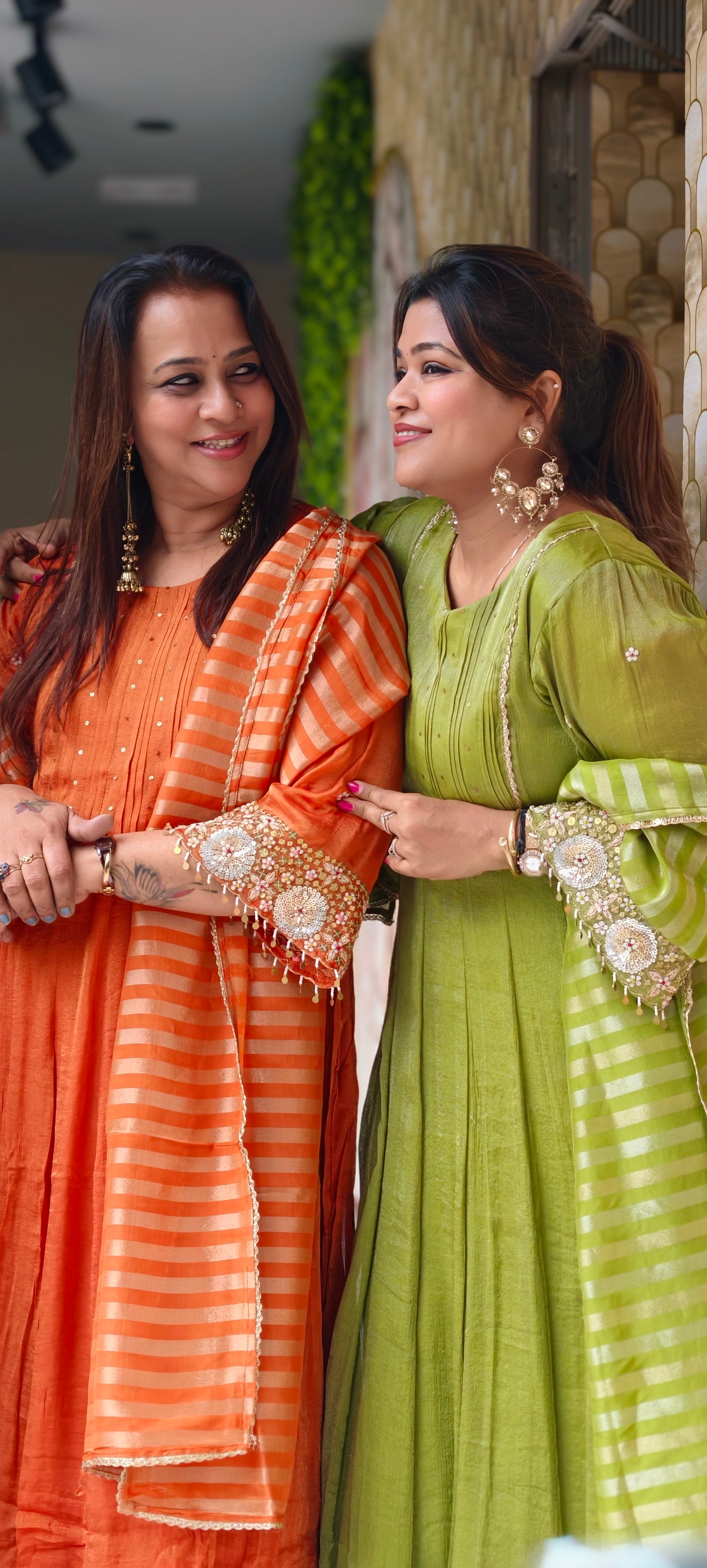 Crush Elegance Golden Lace Highlight & Sequin Handwork Sleeve Tissue Anarkali Full Suit Set With Dupatta- 13611