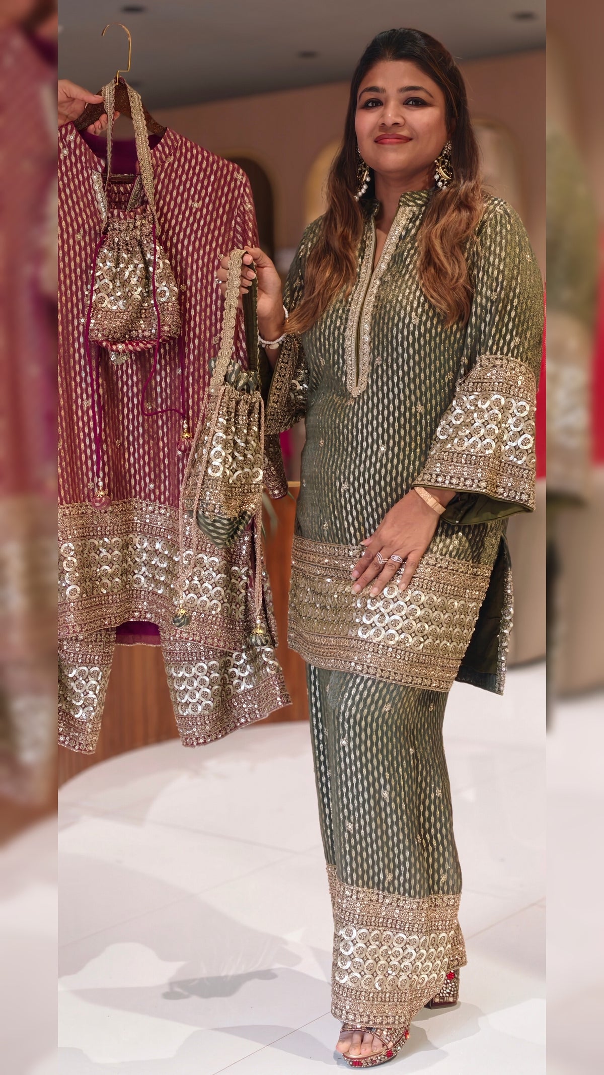 Crimson Sage Abstract Printed Short Kurta Set with Heavy Circle Lace Embroidered Borders & Flared Palazzo Pants-