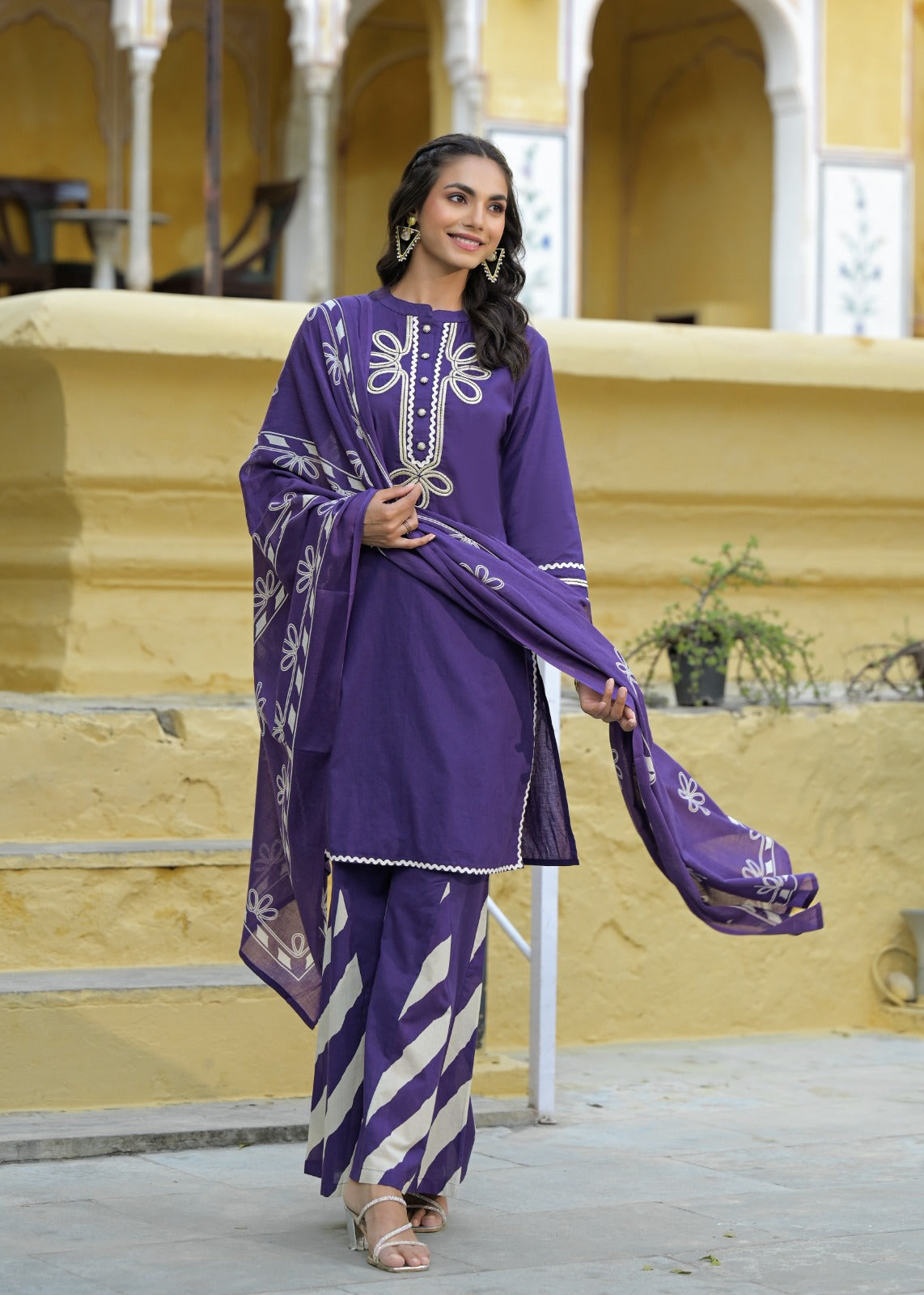 Summer Wear Embroidered Cotton Kurta With Taper Palazzo With Dupatta-12210,12211,12212,12209