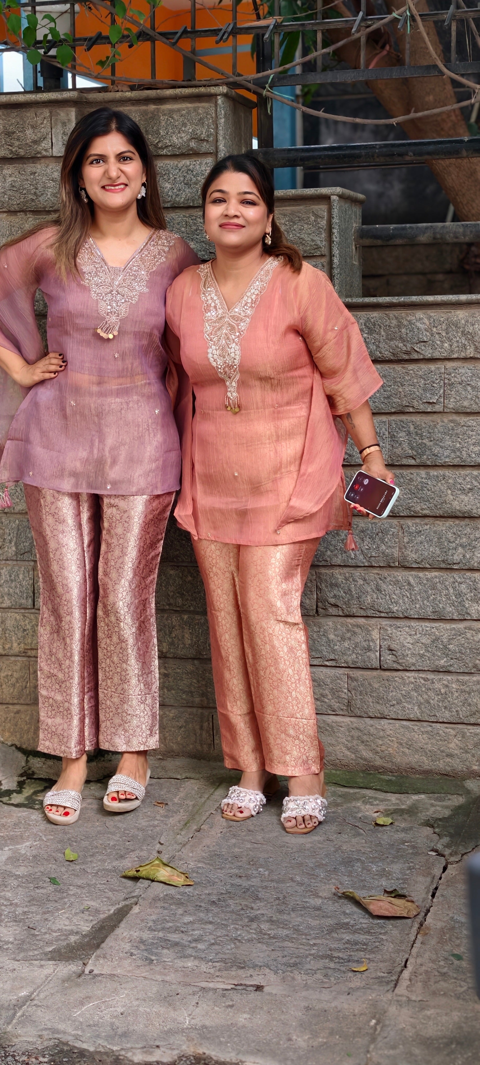 Intricate Beads With Cut-Dana Embroidered Neckline Crush Tissue Kaftan Style Sleeve Co-Ord Set With Brocade Bottom- 15967
