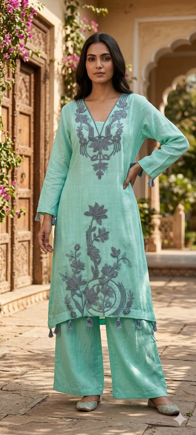 Premium Thread Embroidery Elegant High Low Tassel Accent Kurta Pant Set- 14404 RB320