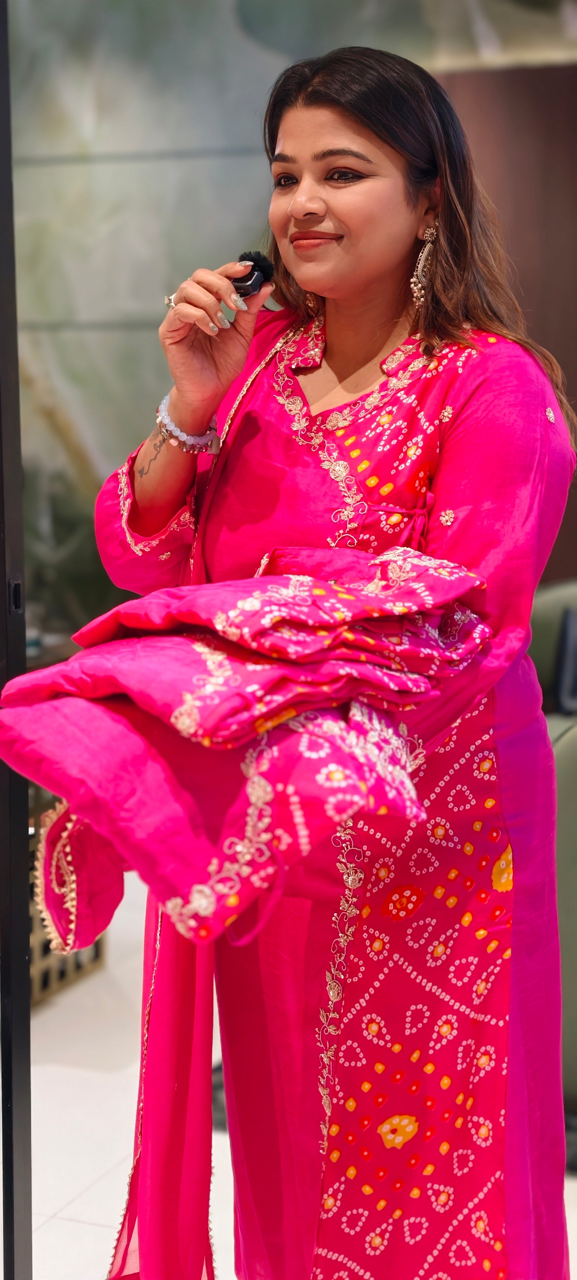 Dola Silk Rani Pink Ethnic Suit Set With Floral Embroidered Neckline Bhandhani Print Angrakha Pattern Full Suit Set 13854