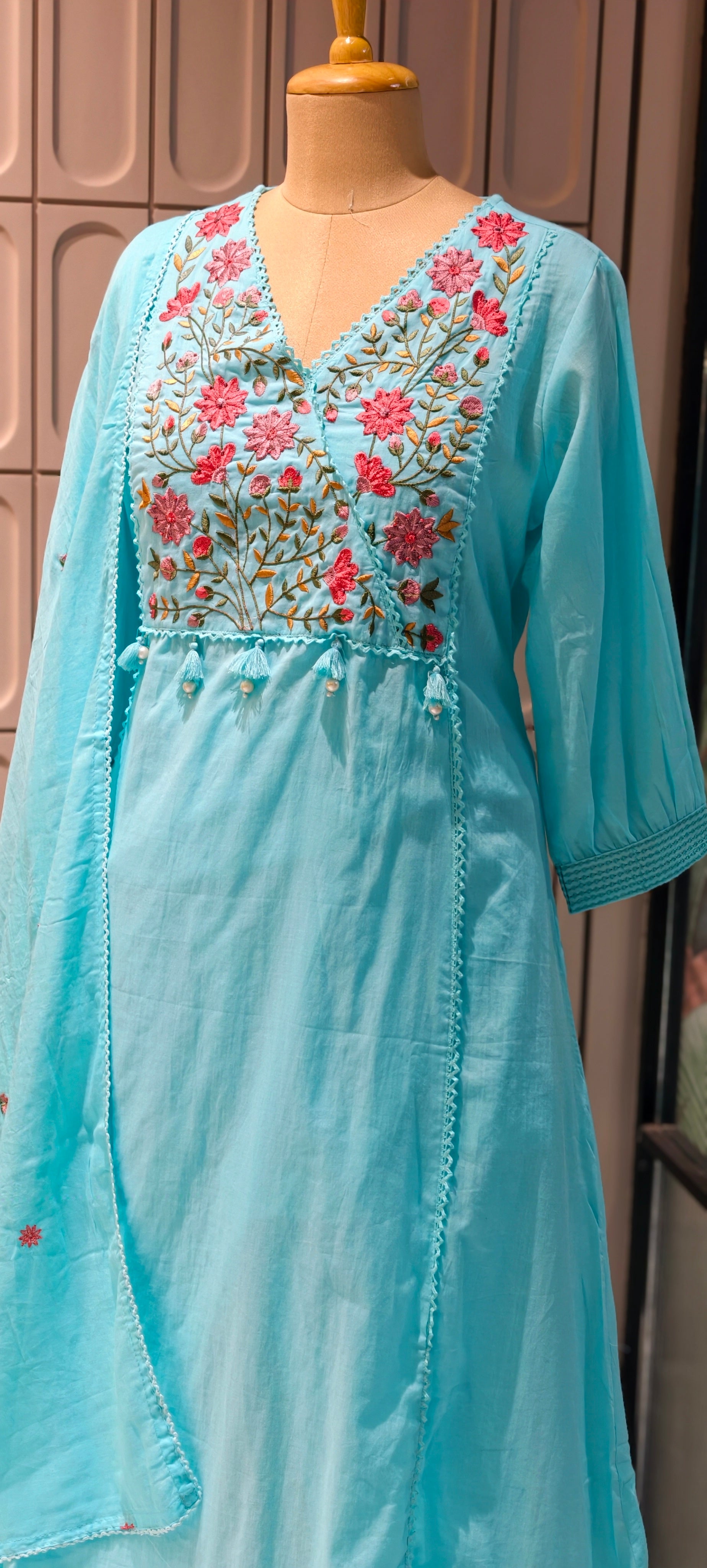 Mul Cotton A-Line Kurta Sets with Embroidered Yoke, Straight Pants and Dupatta-13881