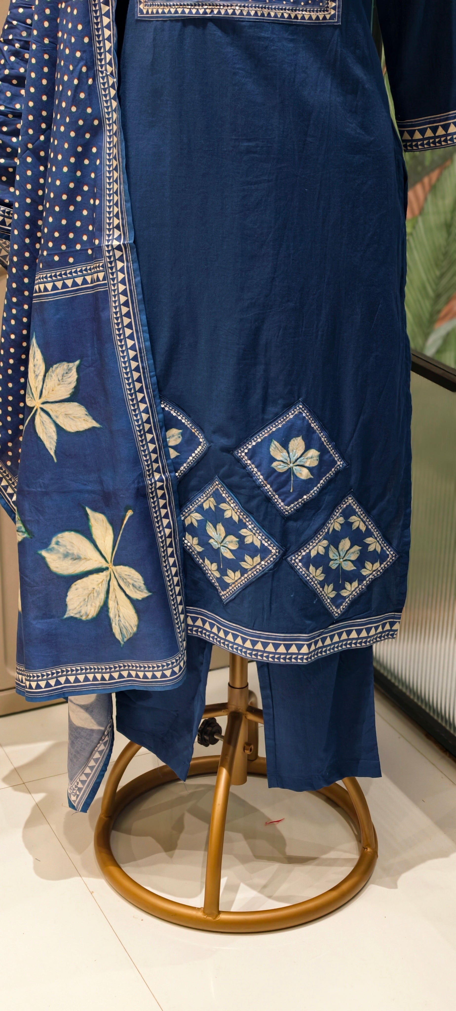 Indigo Blue Butter soft Cotton Kurta Set with Handblock Floral Motifs, Straight Pants & Printed Dupatta-13877