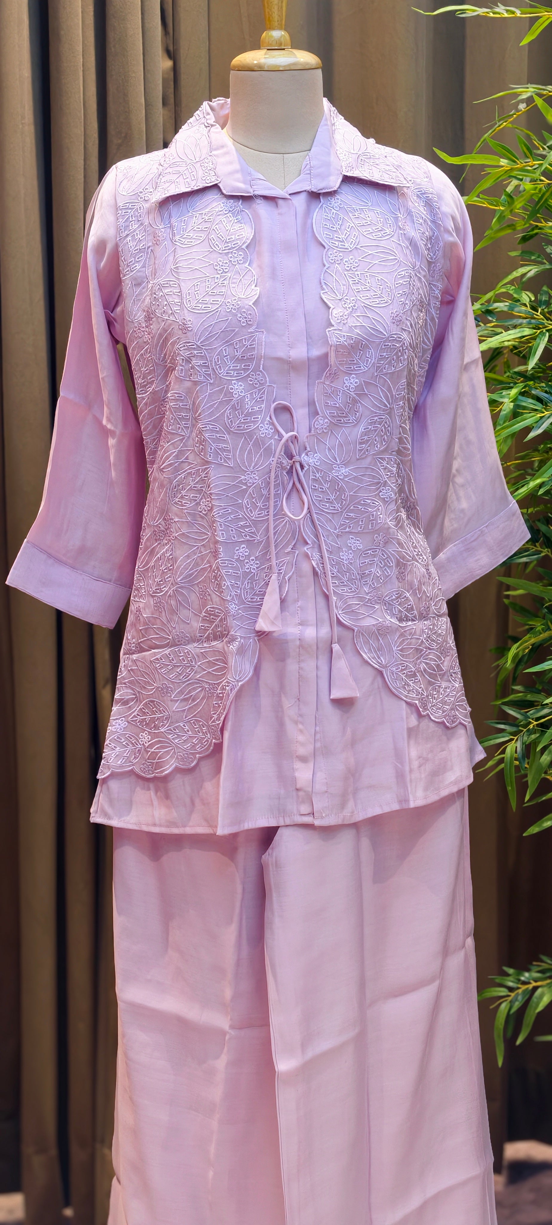 Pastel Surat Mul Chanderi Kurta Set with Statement Embroidered Attached Jacket-13904