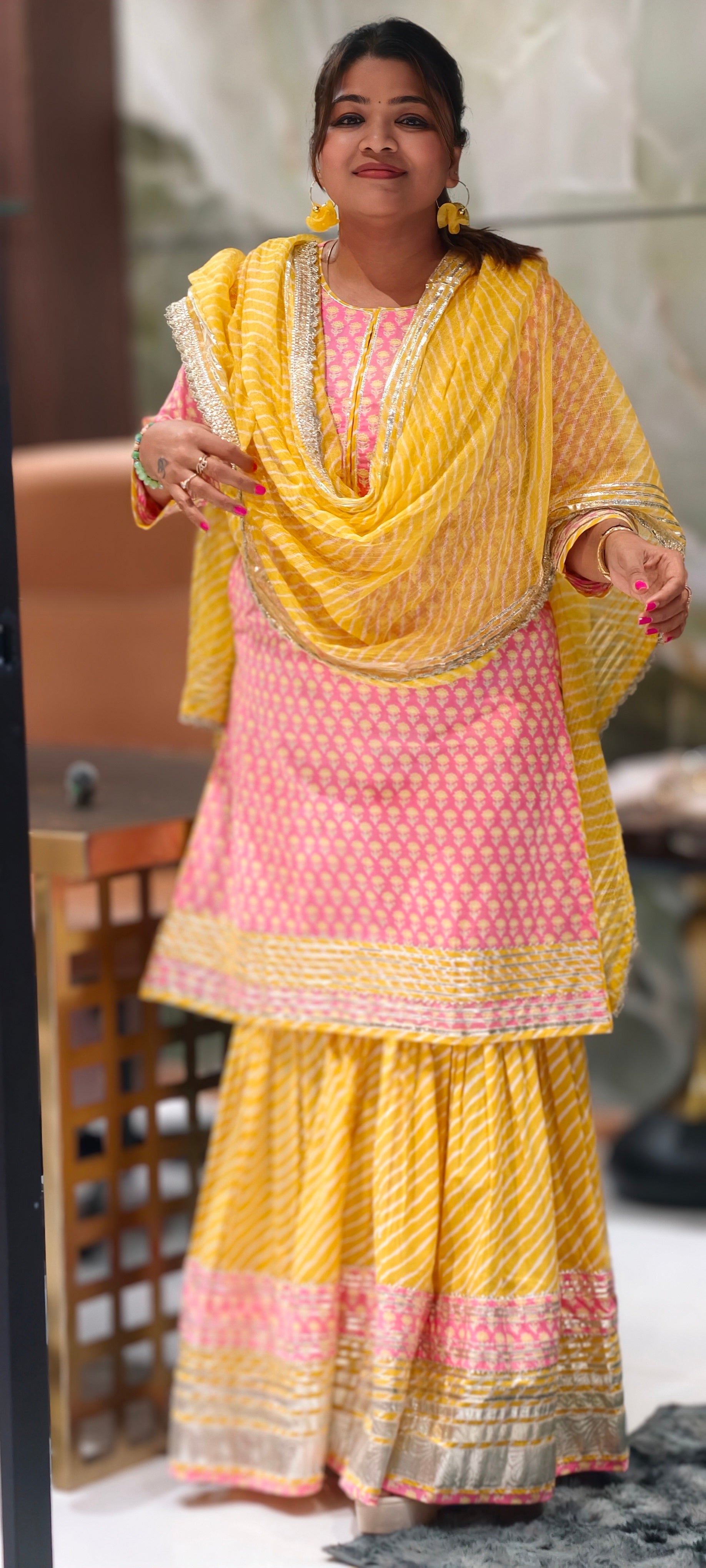 Pure Cottom Elegant Gotta Patti Work Floral Block Prints Ethnic Wear Full Suit Set With Dupatta & Heavy Sharara Bottom- 15837