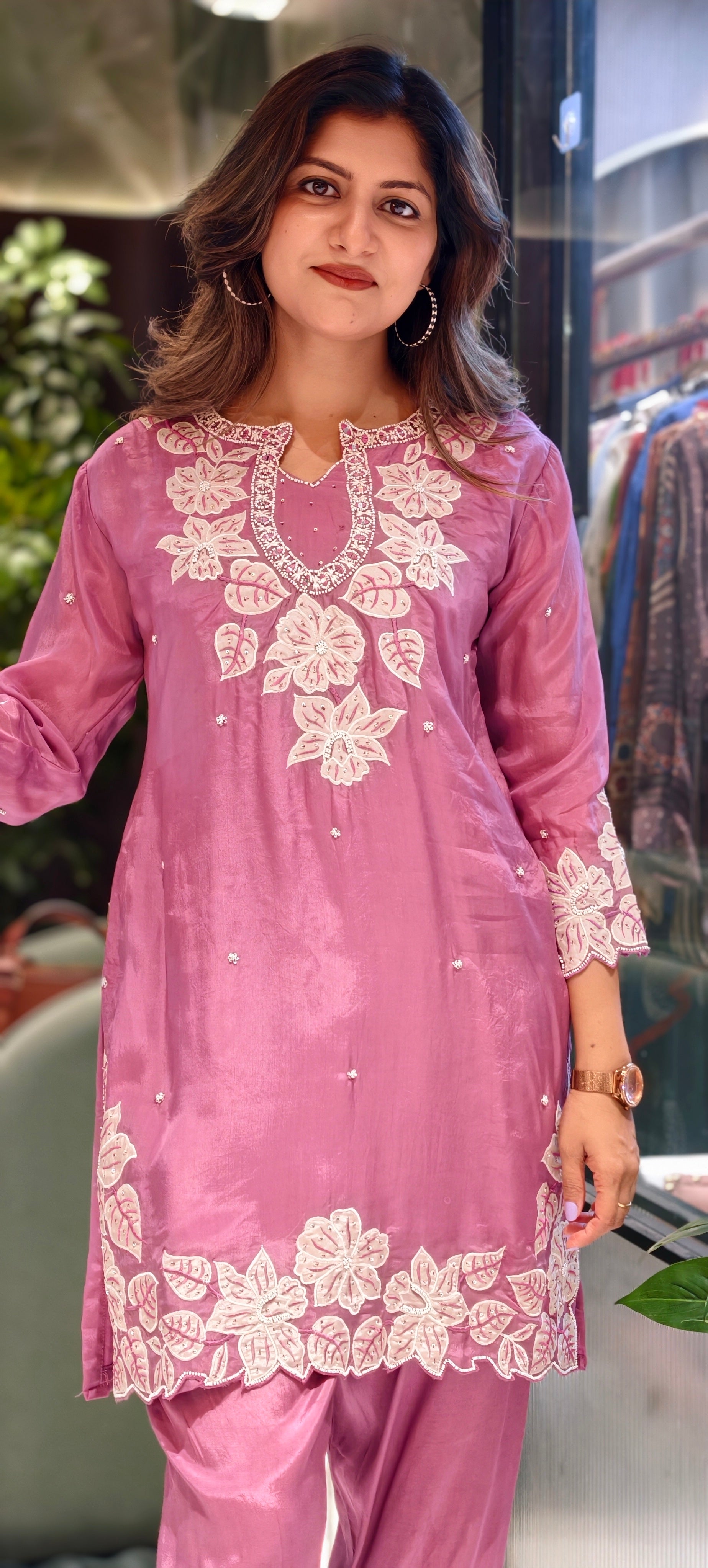 Ethereal Blooms: Hand-Embroidered Organza Silk Co-ord Set with Scalloped Lace Detailing13917