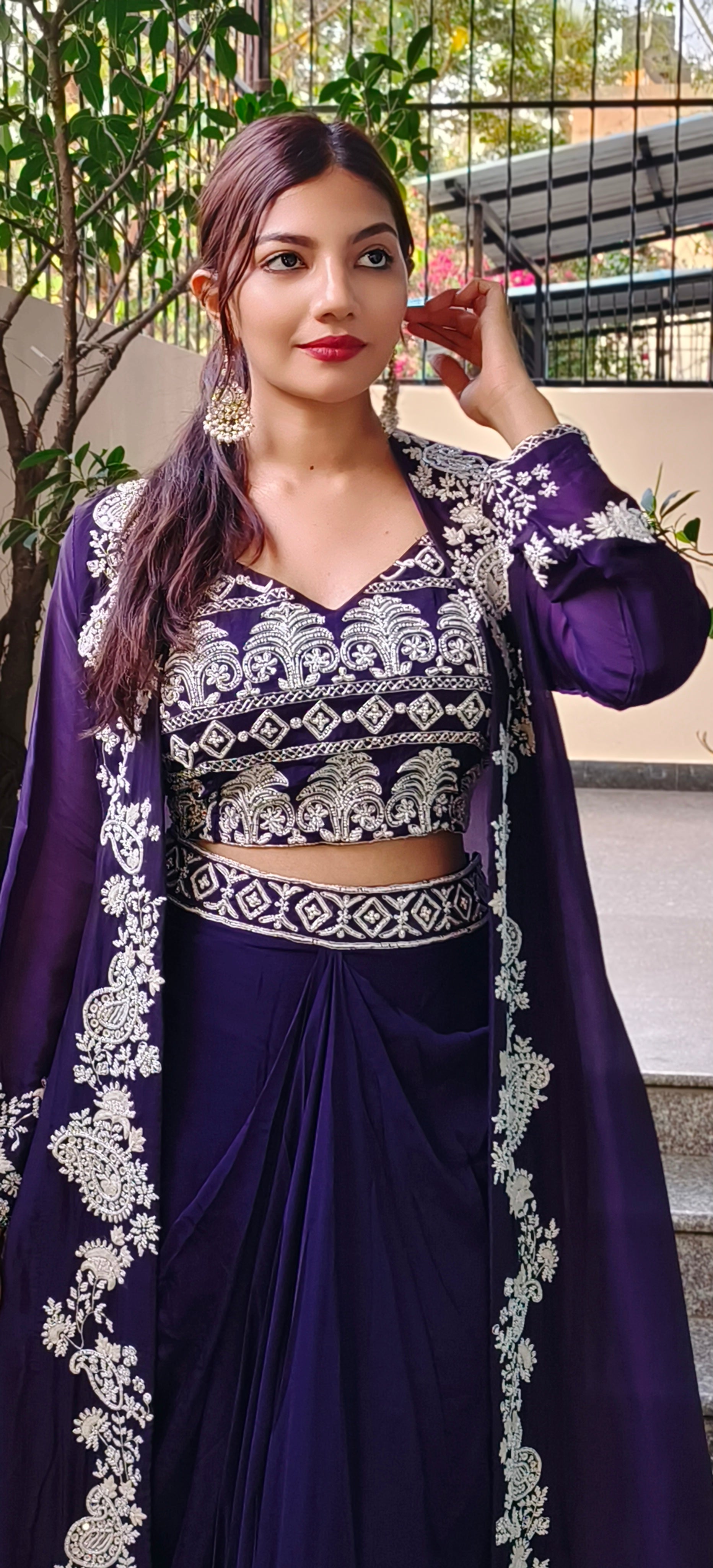 Designer Indo western croptop with skirt and organza shrug