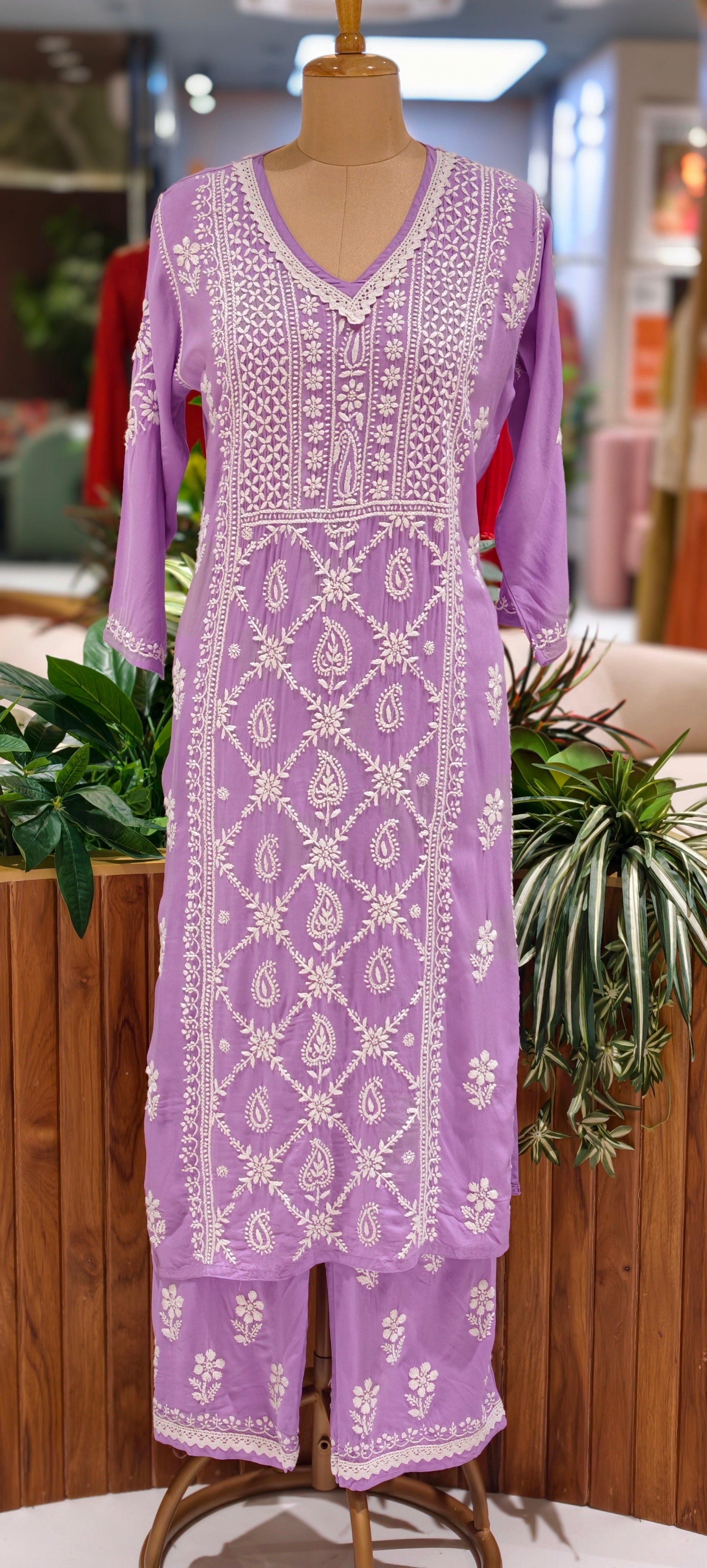 Beautiful Muslin Fabric without Lining  Lucknowi style kurta pant set with Intricate White Thread Embroidery -13947