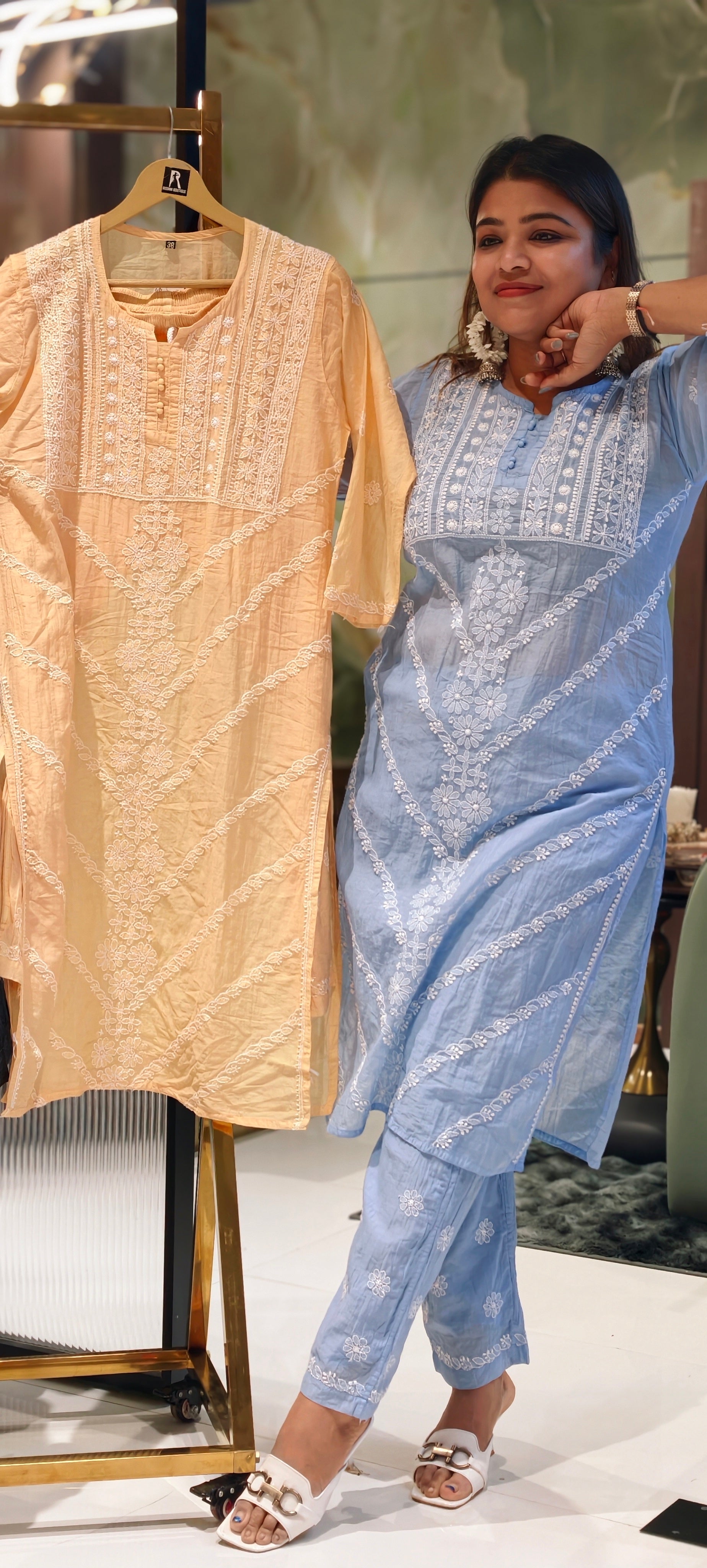 Mul Chanderi Lucknowi Style Embroidered Kurta Pant Set-13952