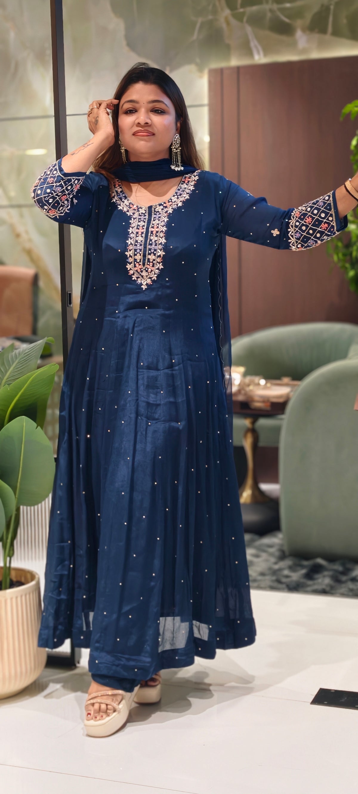 Royal Vibrant Shade Intricate Embroidered Neckline Scattered Stone Chinon Panel Anarkali Full Suit Set With Dupatta- 16328