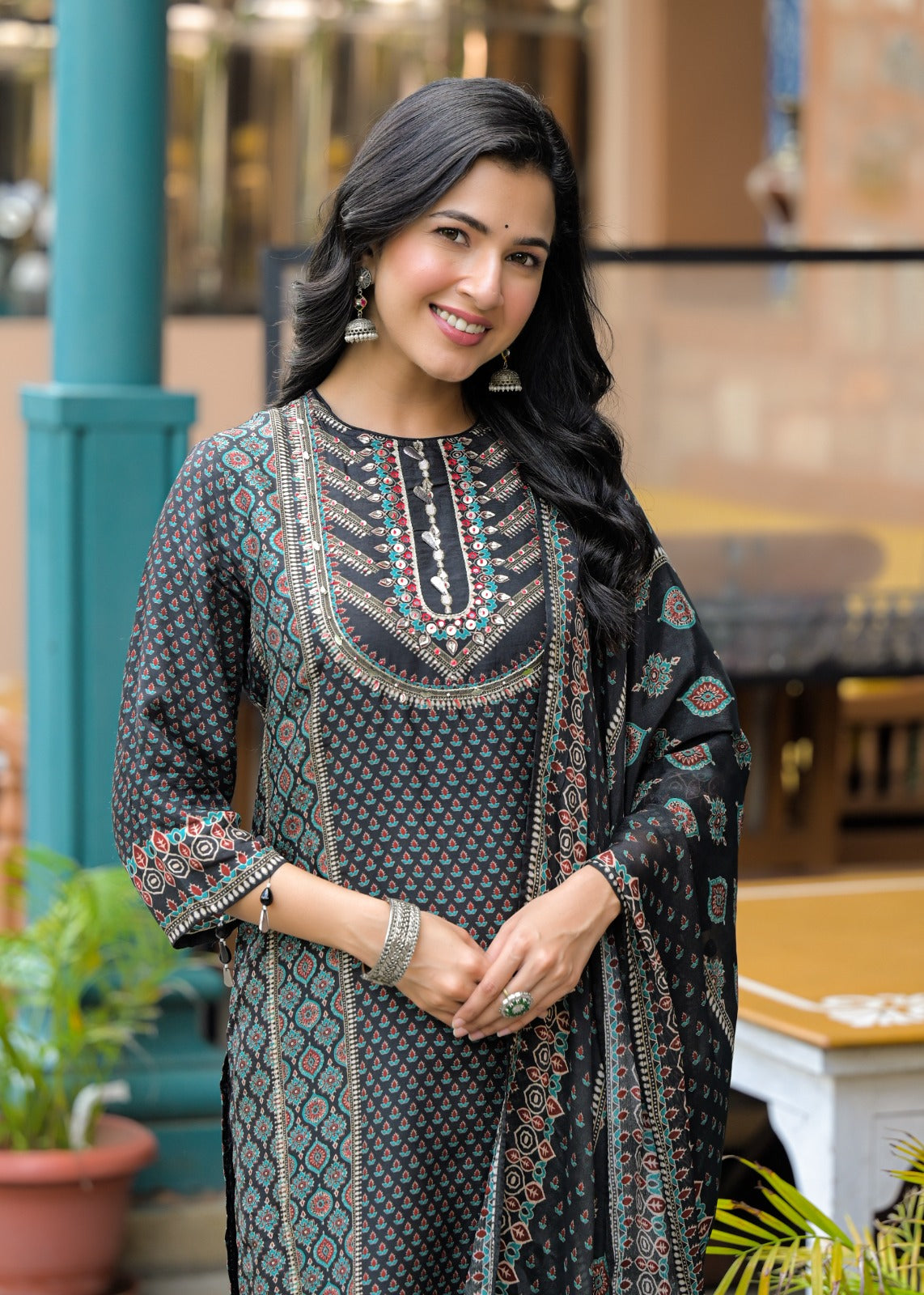 Beautiful Pure Crepe Small Prints Full suit set with chinon Dupatta