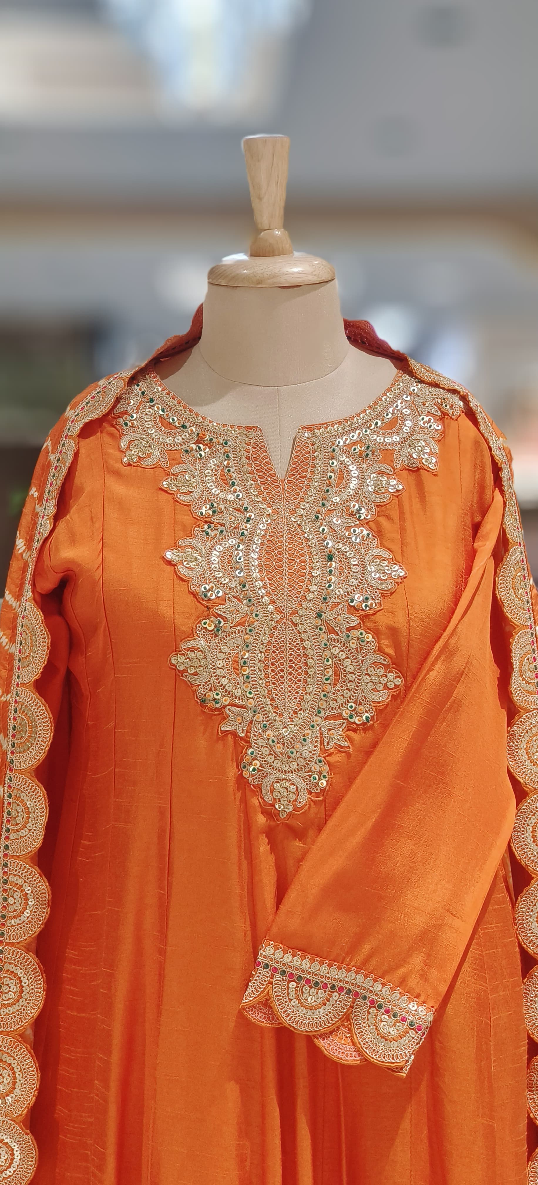 Luxury Dola Silk Peplum Style Suit Set With Intricate Golden Thread Embroidery & Scallop Dupatta-12579,12578