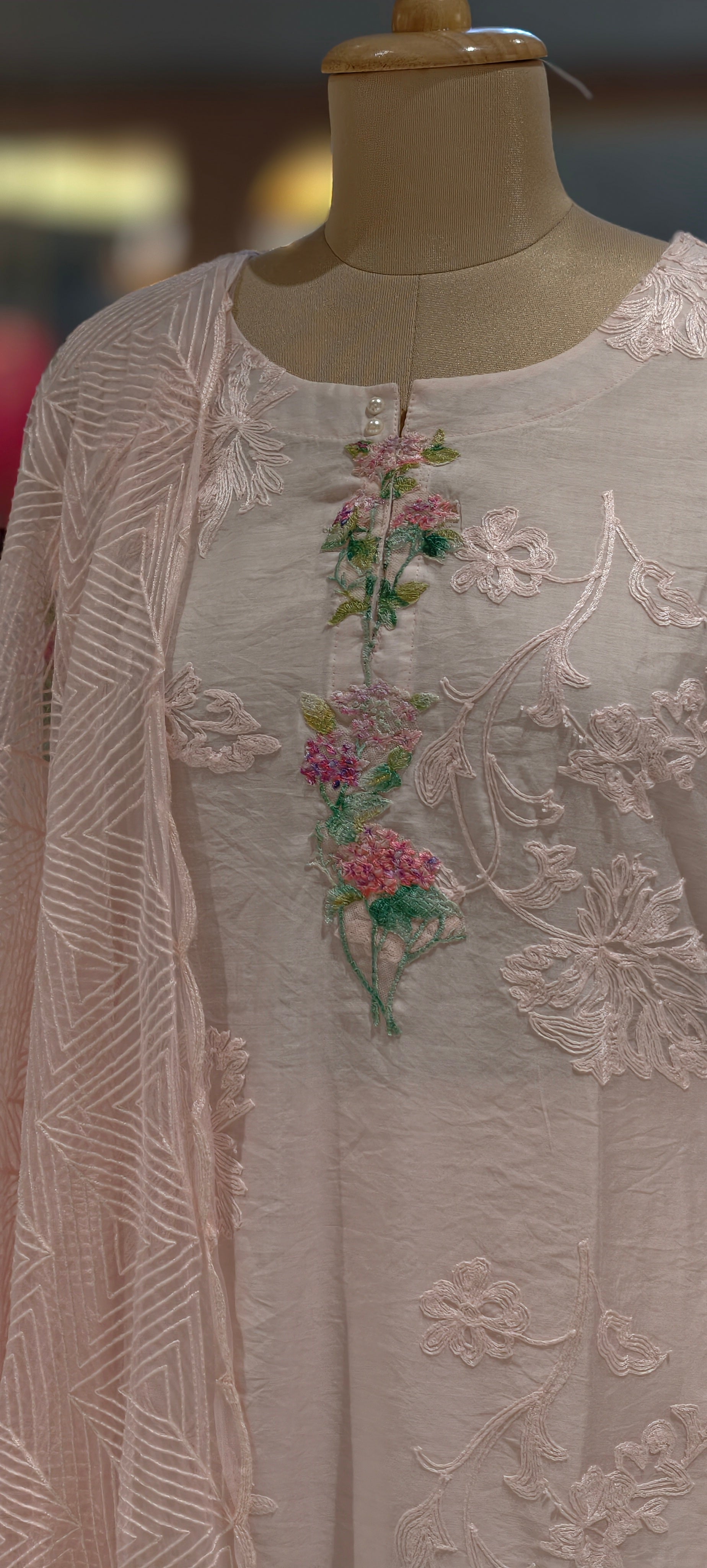 3D Floral Appliqués On Shoulder & Front Sheer Thread Embroidered Full Suit Set With Dupatta- 13681