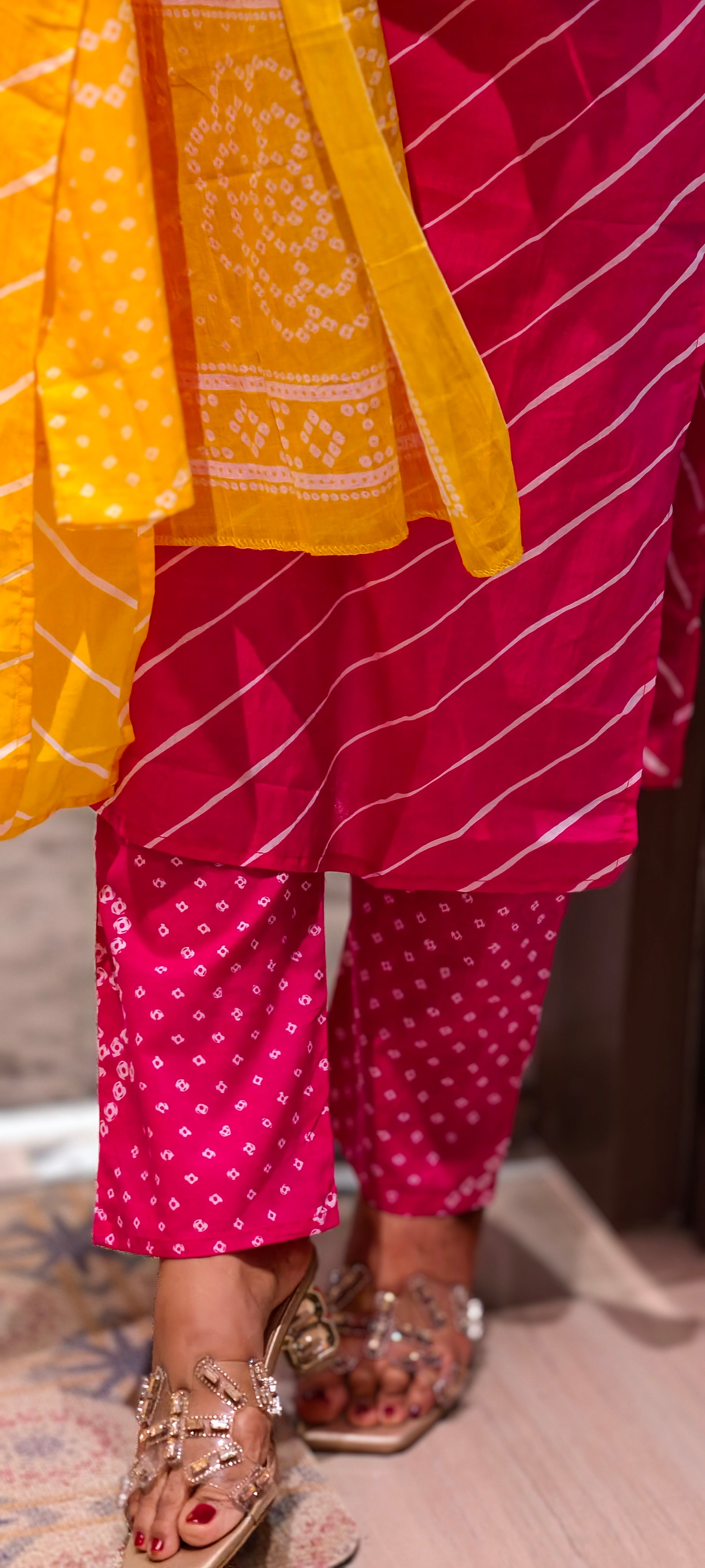 Premium Leheriya Print Cotton Full Suit Set with Matching Dupatta- 15475