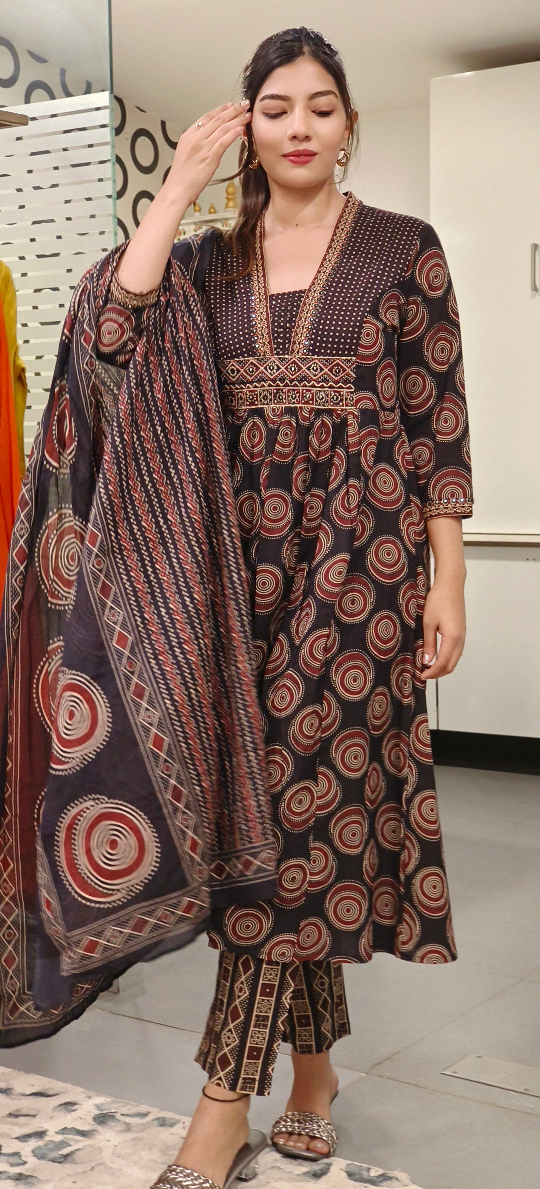 Elegant Pure Cotton Printed A-Line Kurta with V-Neckline, Coordinated Pants, and Dupatta – Perfect for Effortless Grace