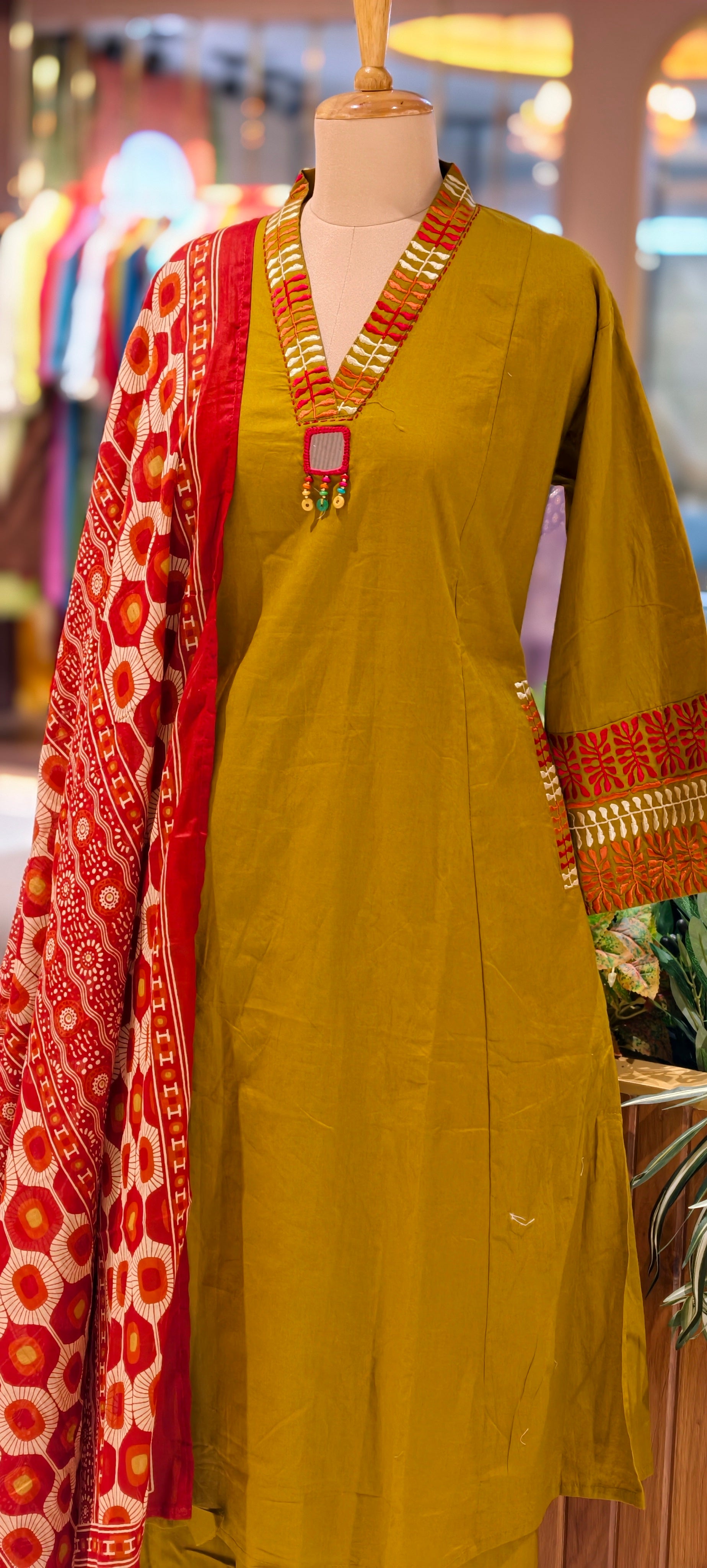 Premium Cotton Ethnic Suit Set with Ajrakh Printed Dupatta & Statement Neck Detailing 13915 RB38