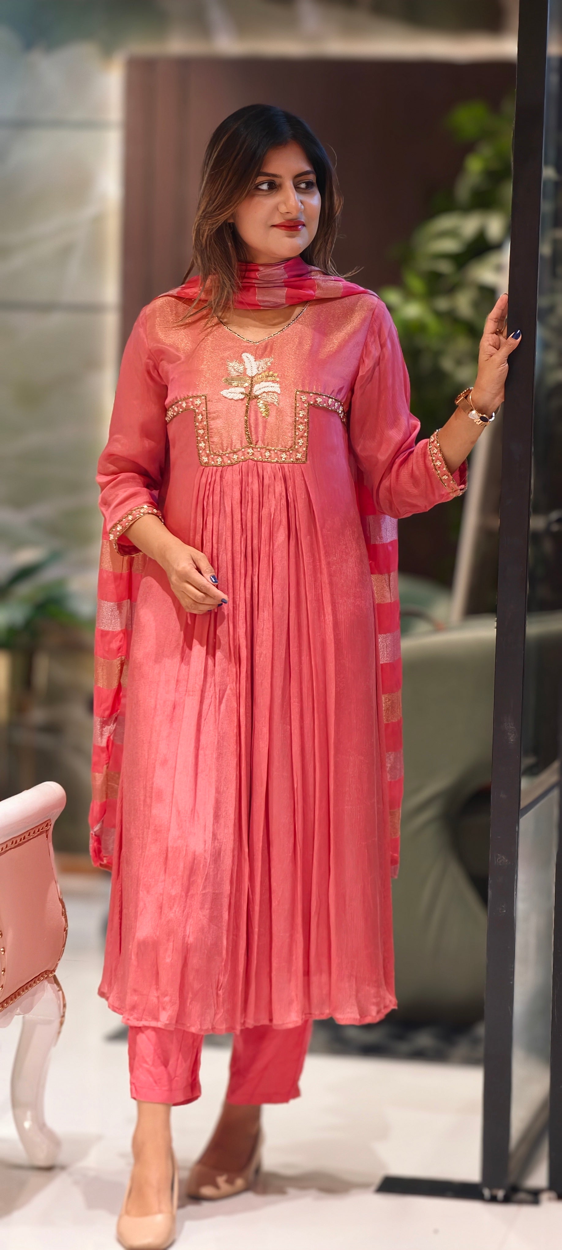 Ghoomar Palm Inspired Embroidered Yoke Chinon Matching Anarkali Full Suit Set With Dupatta- 15235