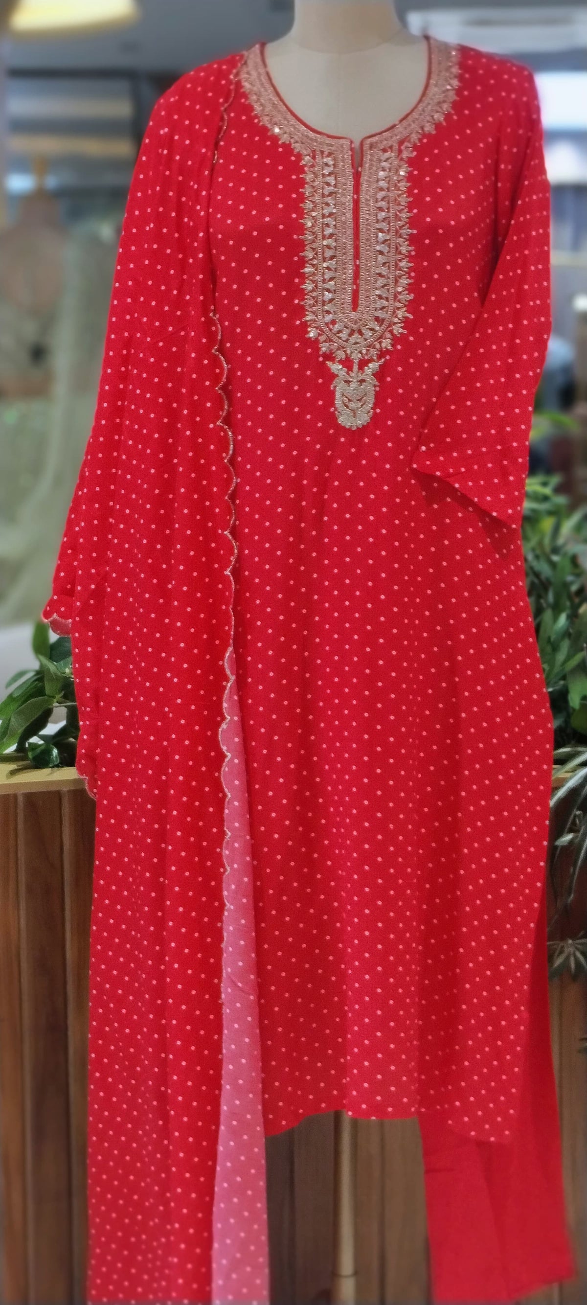 Bandhani Print Zardosi Sequin Neckline Vibrant Full Suit Set With Dupatta- 16406