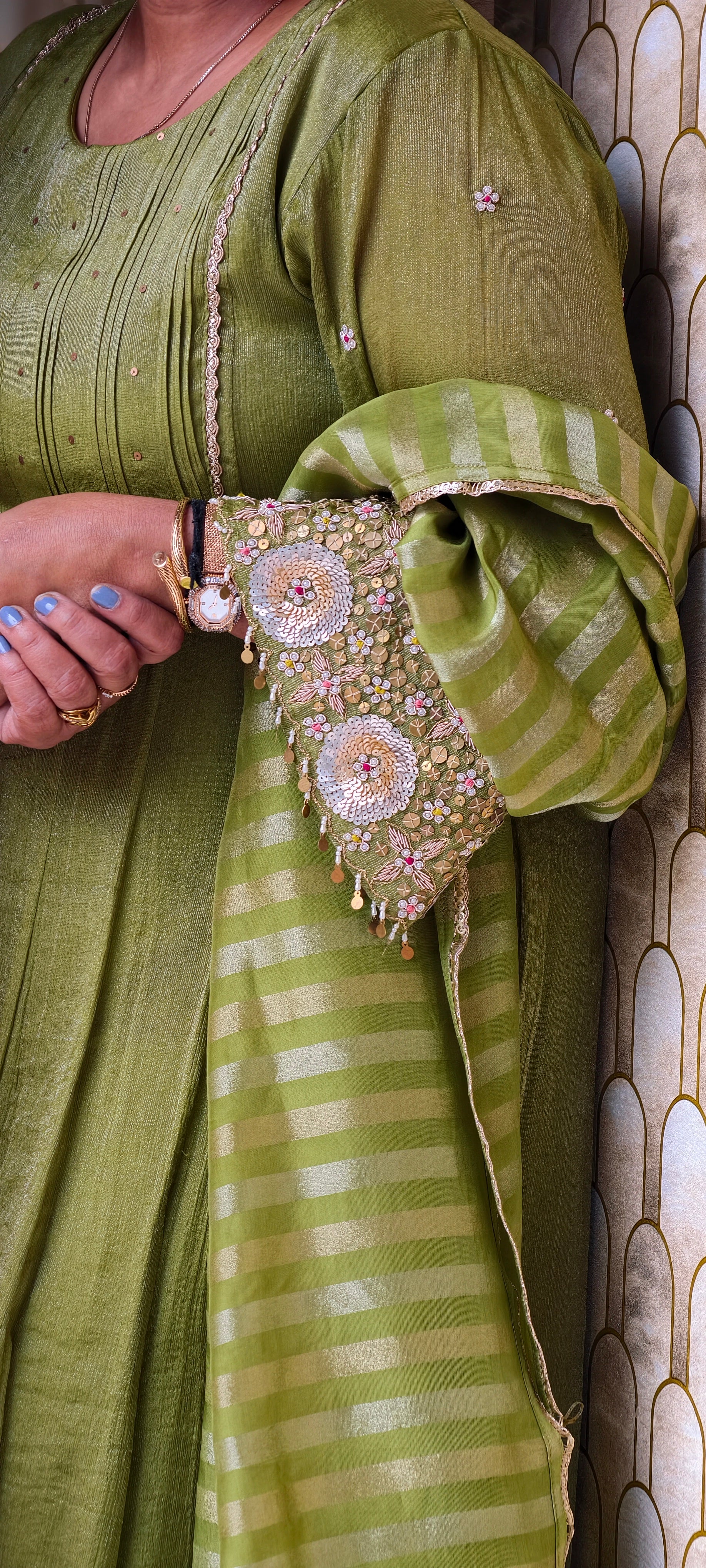 Crush Elegance Golden Lace Highlight & Sequin Handwork Sleeve Tissue Anarkali Full Suit Set With Dupatta- 13611