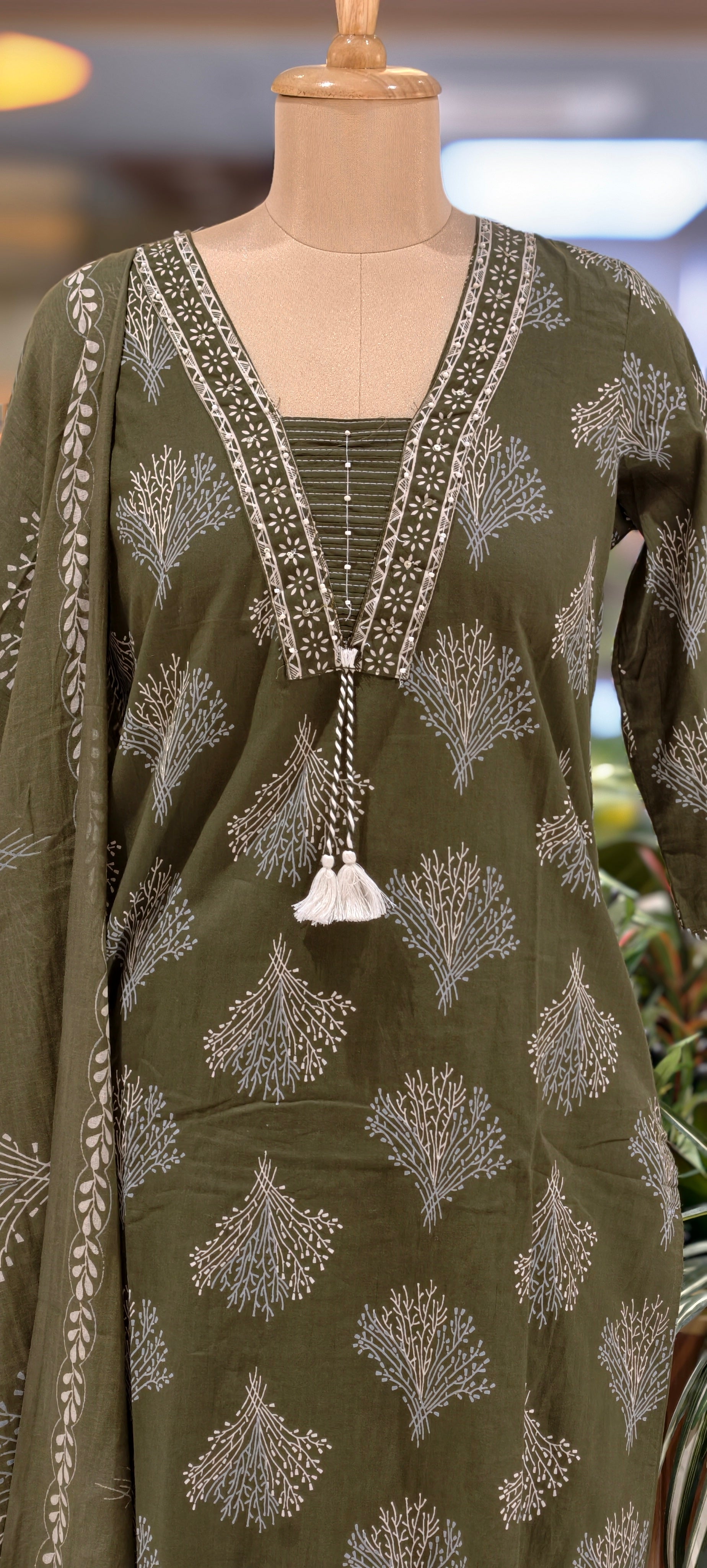 Cotton Elegant Hand block Print Kurta Set with Intricate Border Detailing & Tassel Tie-Up Neck Full Suit Set