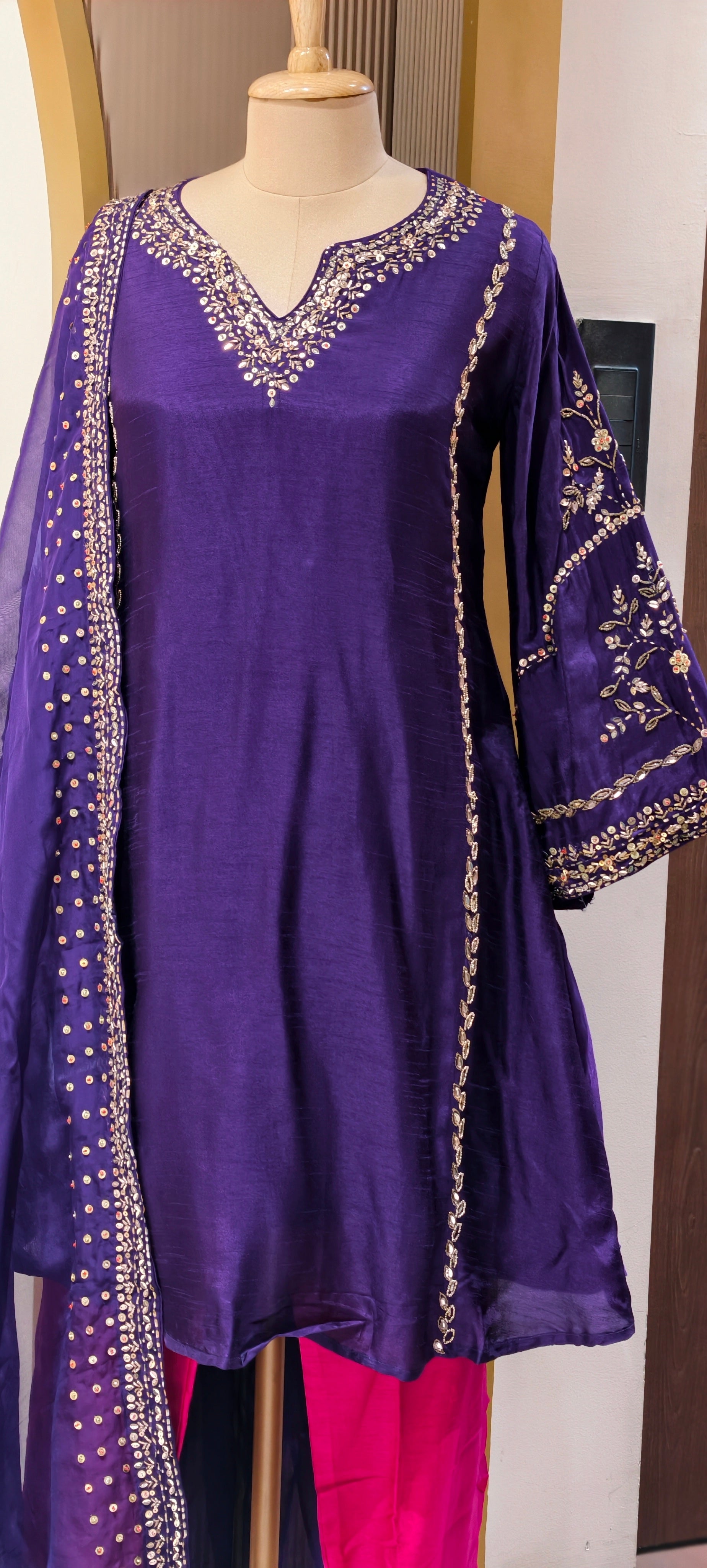 Tiny Sequin Detailing Hand Worked Contrast Mix Vibrant A-Line Full Suit Set With Dupatta In Russian Silk Fabric- 13808