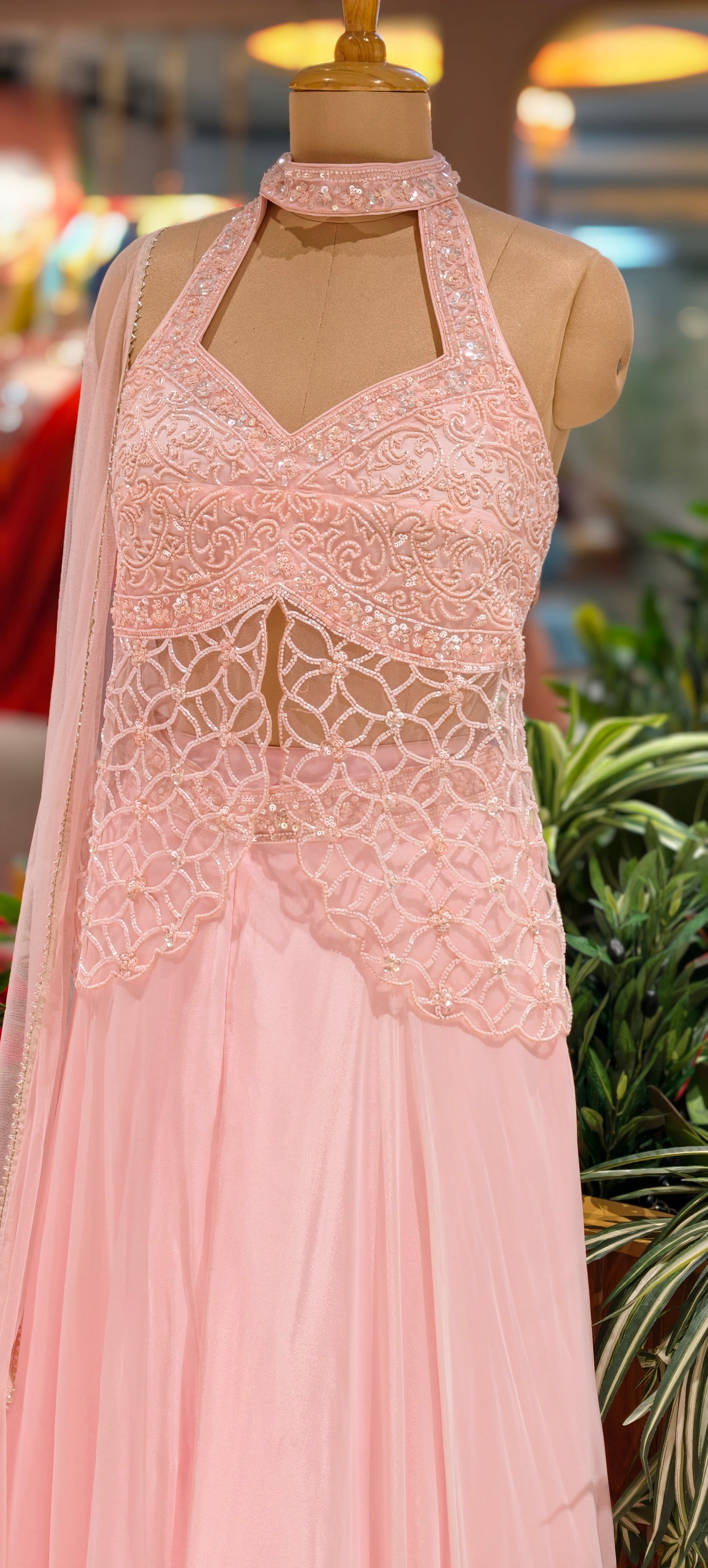Soft Blush Pink Embroidered Divider Top With Flared Bottom with Sheer Neck Detail & Flowy Silhouette 14092 RB82