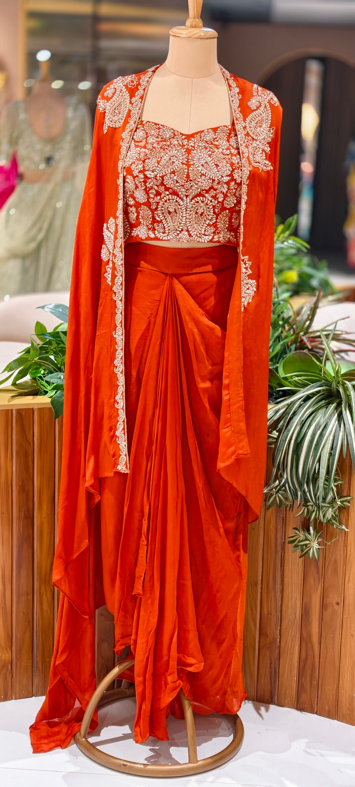 Luxury Chinon 3-Piece indowestern Heavy Embroidery,Crop Top with Dhoti & Flowing Cape 16826