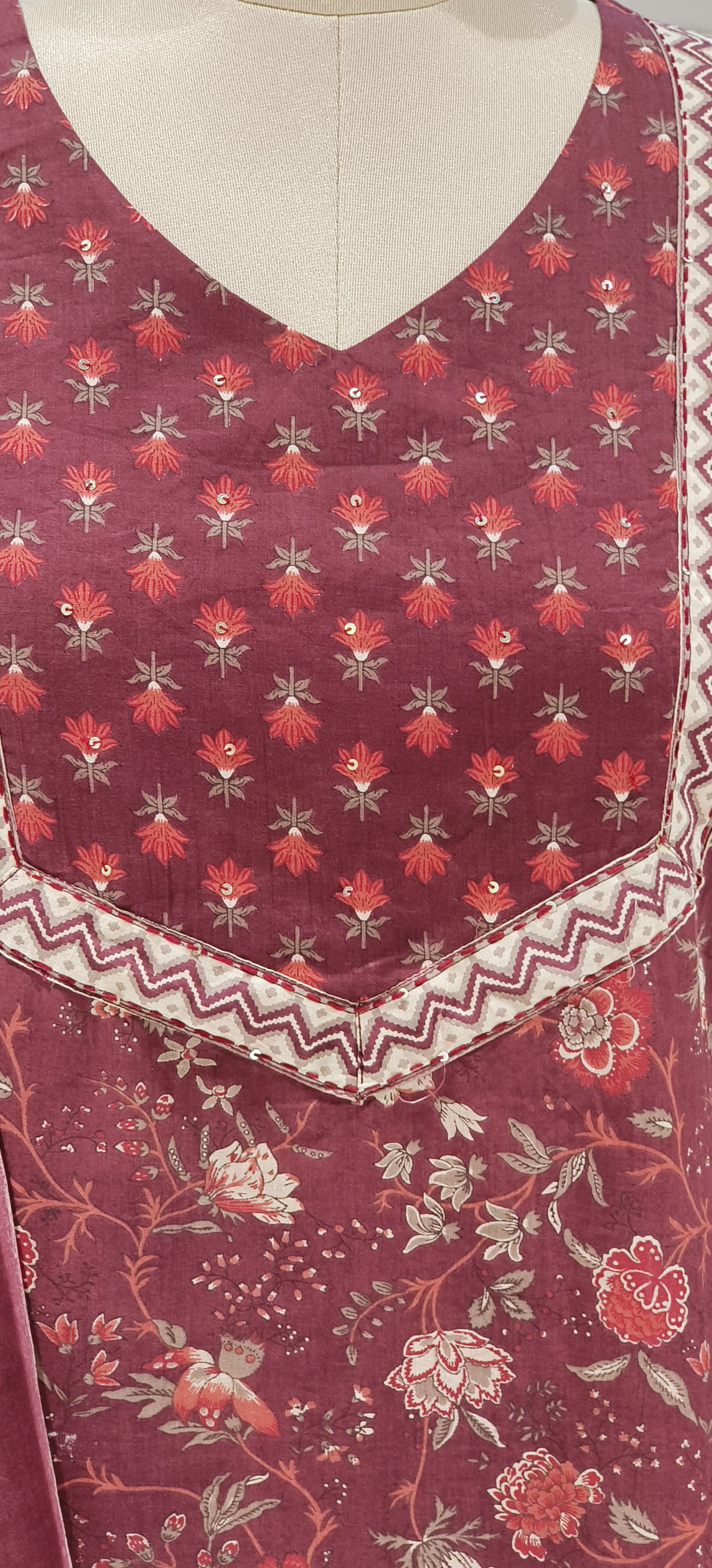 Wine Floral Printed Pure Cotton Kurta Set with Contrast Yoke Detailing & Matching Dupatta