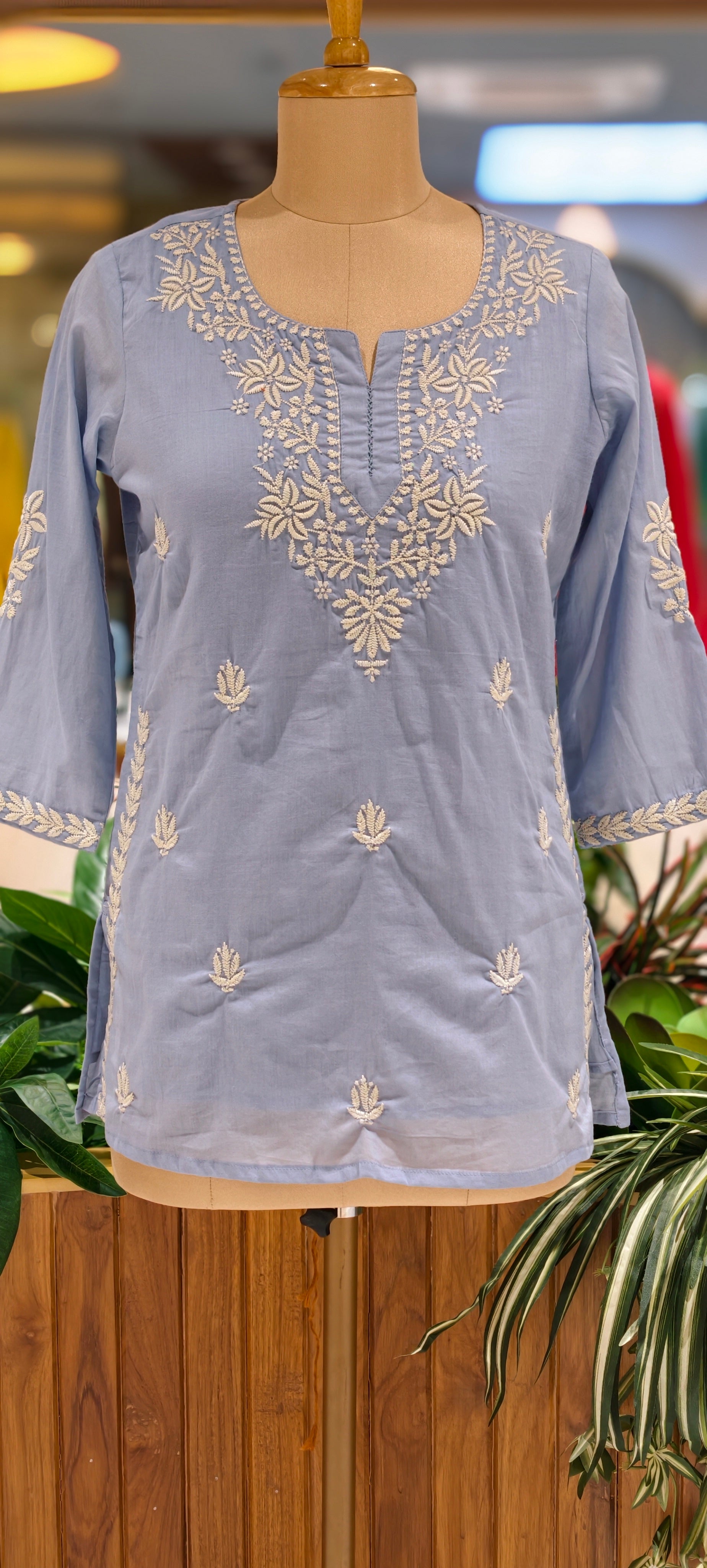 Floral Embroidered Round Neck Mul Cotton Short Kurti Top-13945 RB309