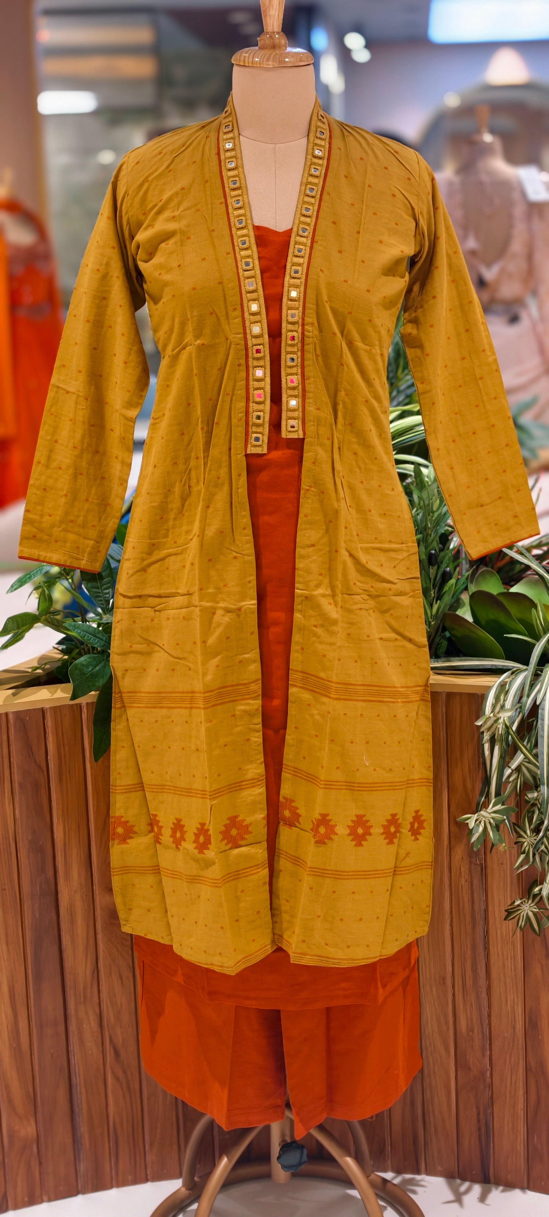 Elegant 3-Piece Layered Kurta Set with Inner, Pants & Embellished Shrug In Cotton Fabric-14193 RB178