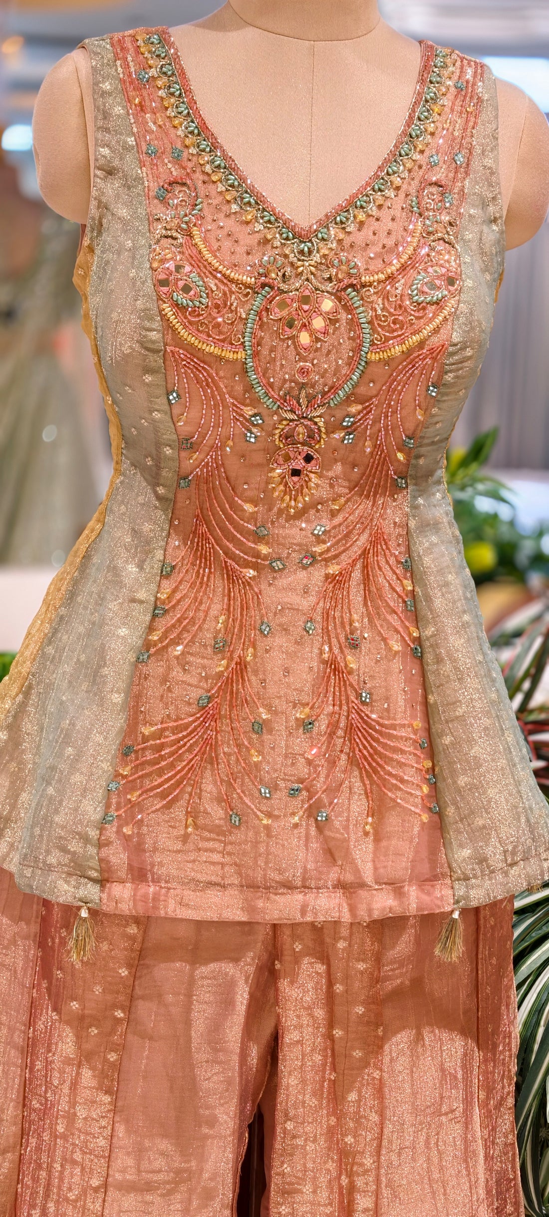 Premium Rose Gold Crush Tissue Peplum Intricate Embellished Top Body with Fish-Cut Palazzo Pants with Choker Dupatta seperate sleeves 16891