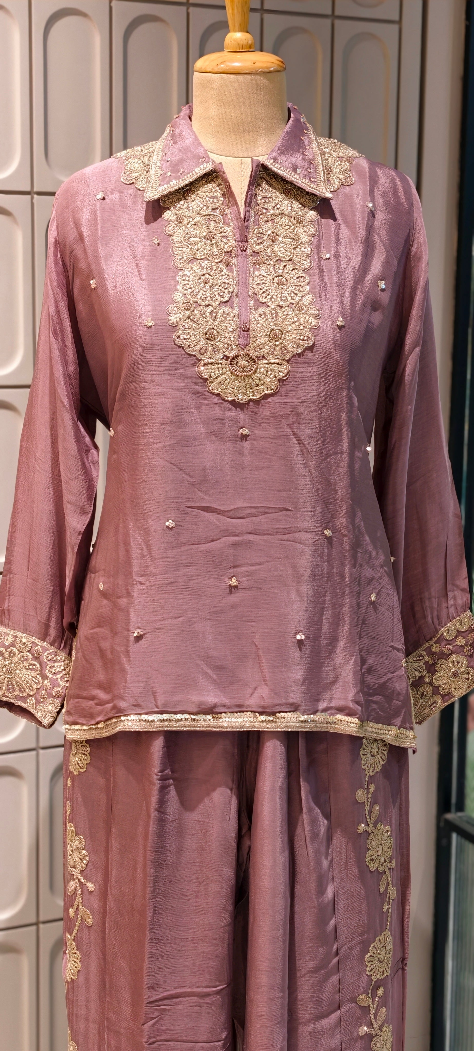 Designer Shirt Style Kurta Luxury Chinon Fabric Co-Ord Set with Intricate Embroidery 13996 RB07
