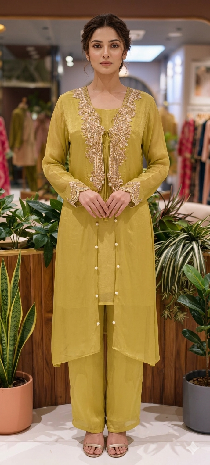 Luxury Chinon Indo Western  Hand Embroidered Neckline, Tassel Detailing and Elegant Sheer Finish-13820